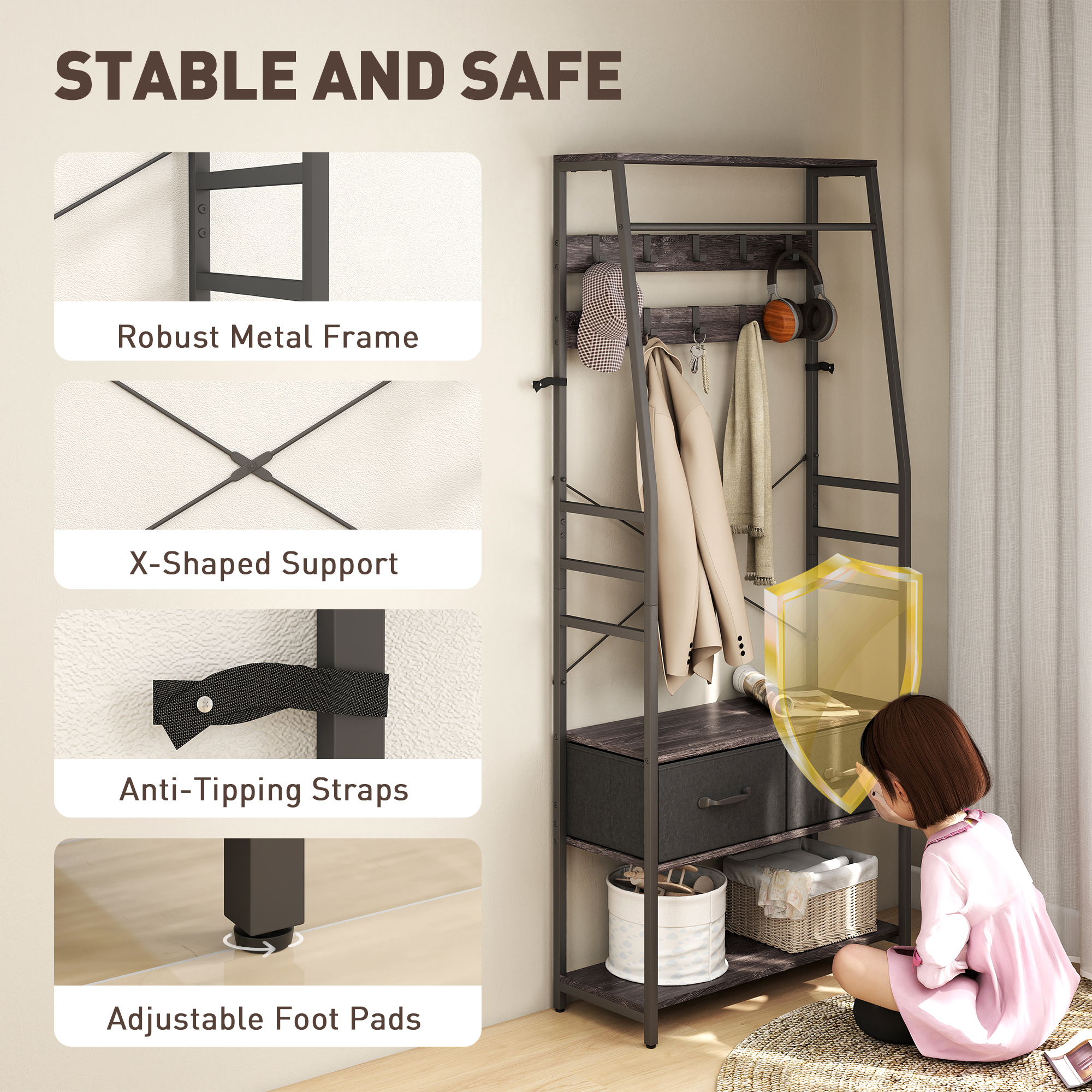 Coat Rack With Shoe Storage,Hall Tree,Industrial Stand Bench,10 Removable — image 3