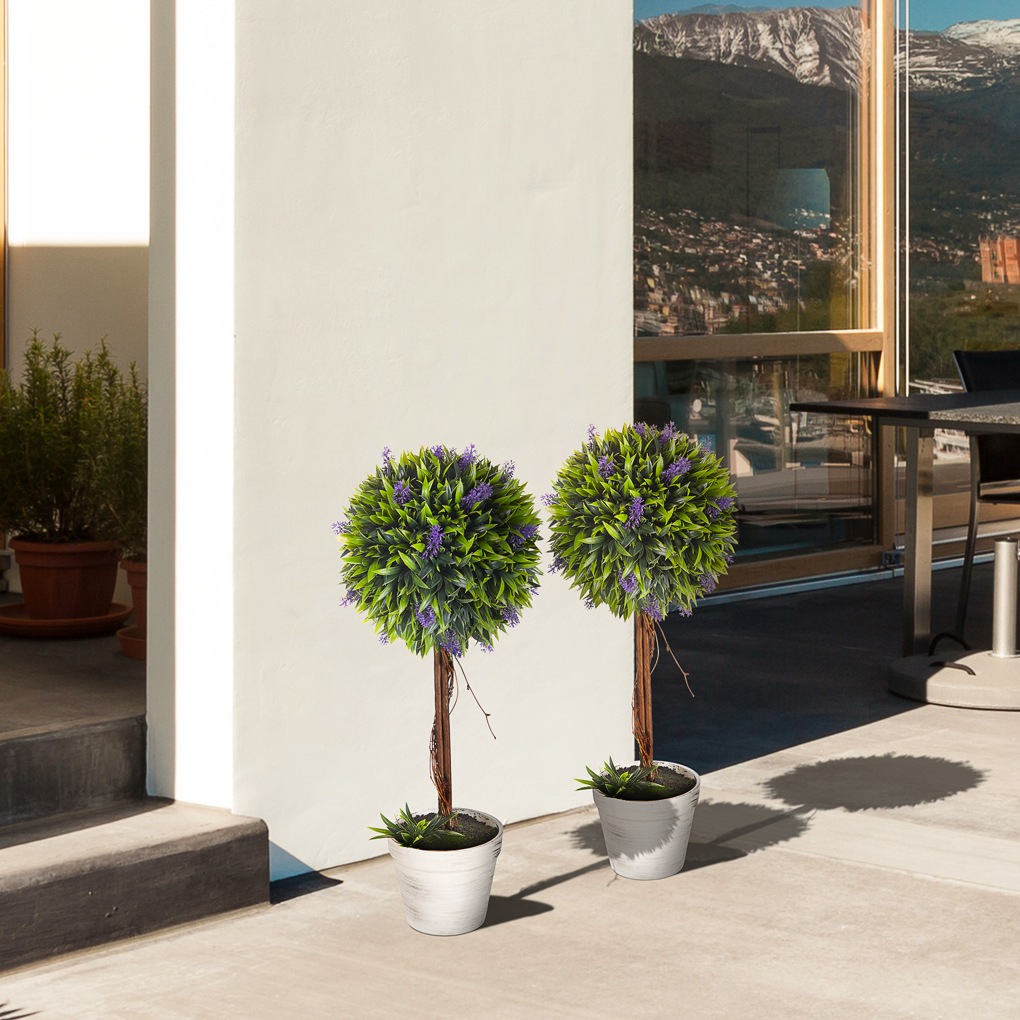 Set Of 2 Decorative Artificial Plants Ball Trees With Lavender Flowers In Pot — image 2