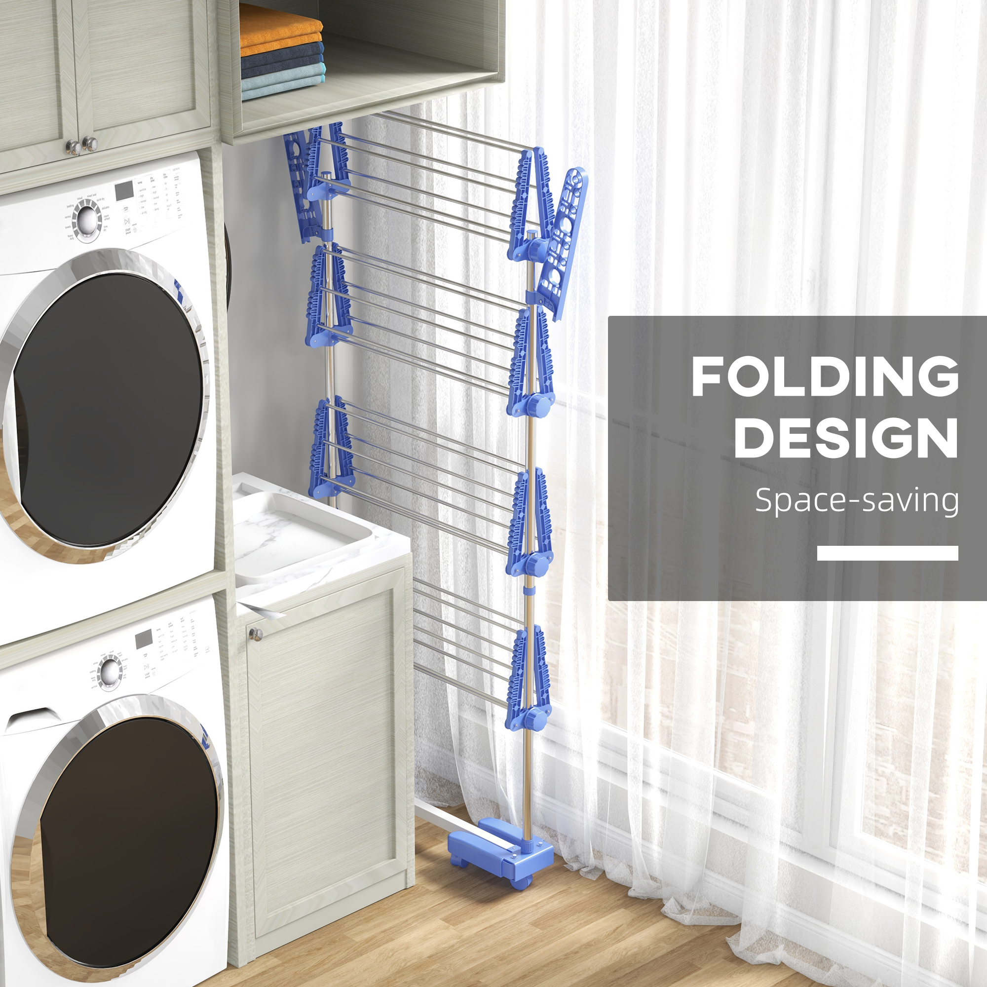 Four-Shelf Collapsing Clothes Horse,With Side Arms And Wheels-Blue