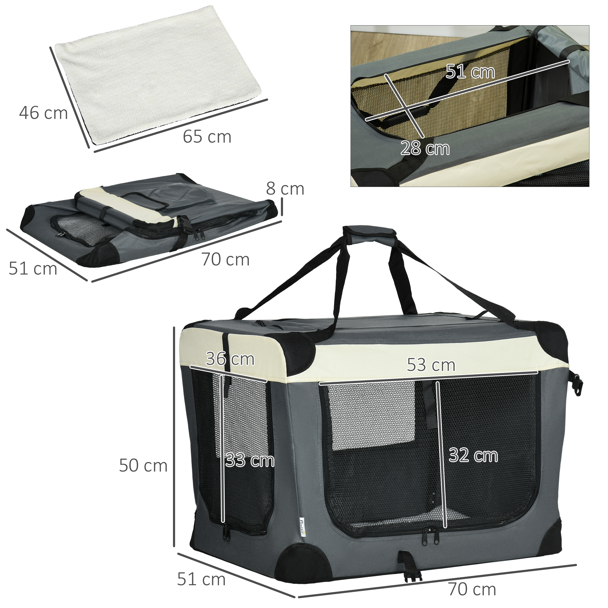 70cm Foldable Pet Carrier,with Cushion,for Small Dogs And Cats-Grey — image 2
