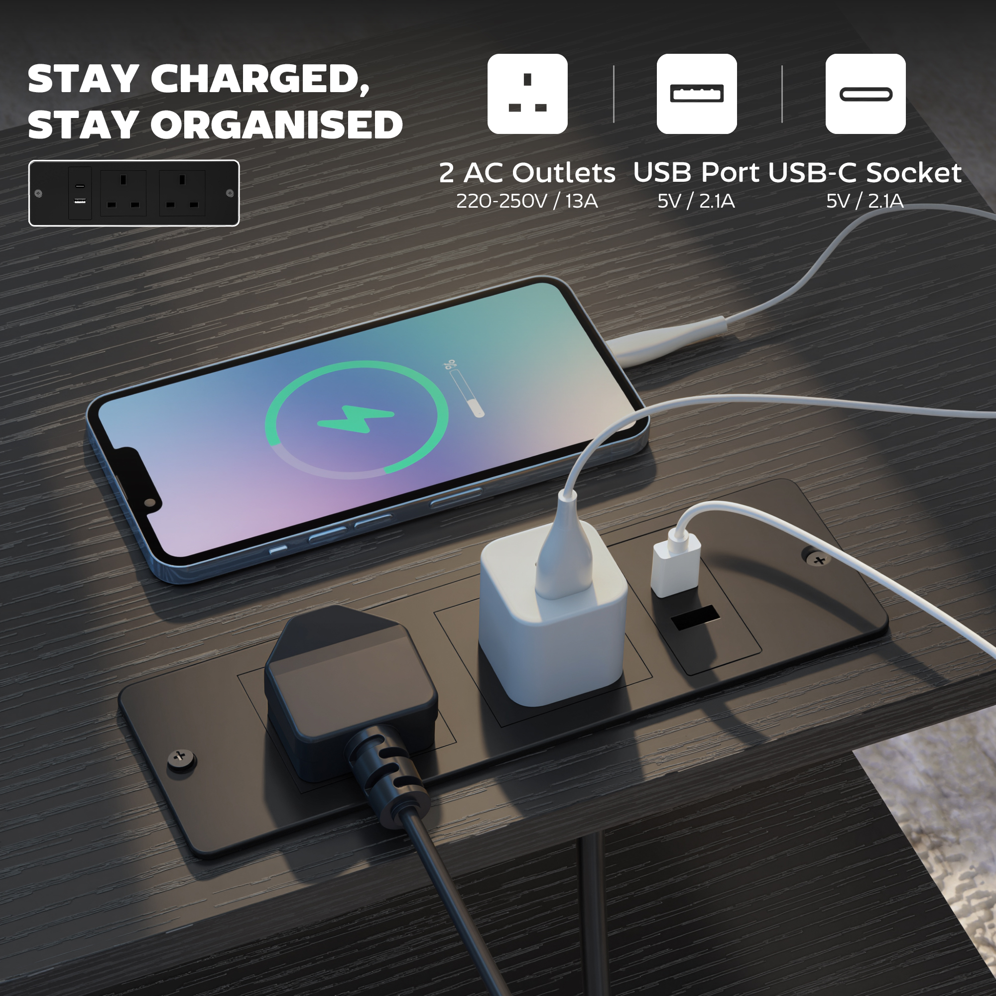 Bedside Table With Charging Station-Black — image 4