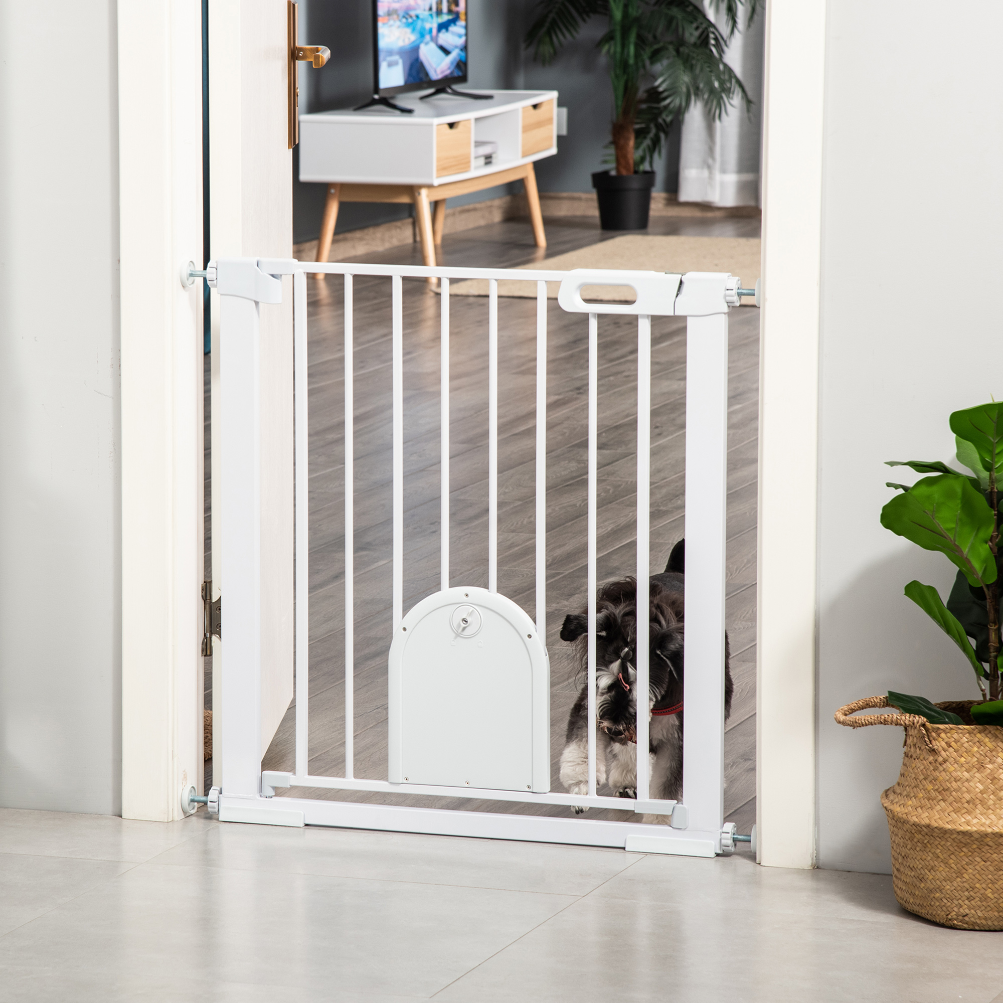 Dog Gate With Cat Flap Pet Safety Barrier,Stair Pressure Fit,Auto Close,Double — image 2