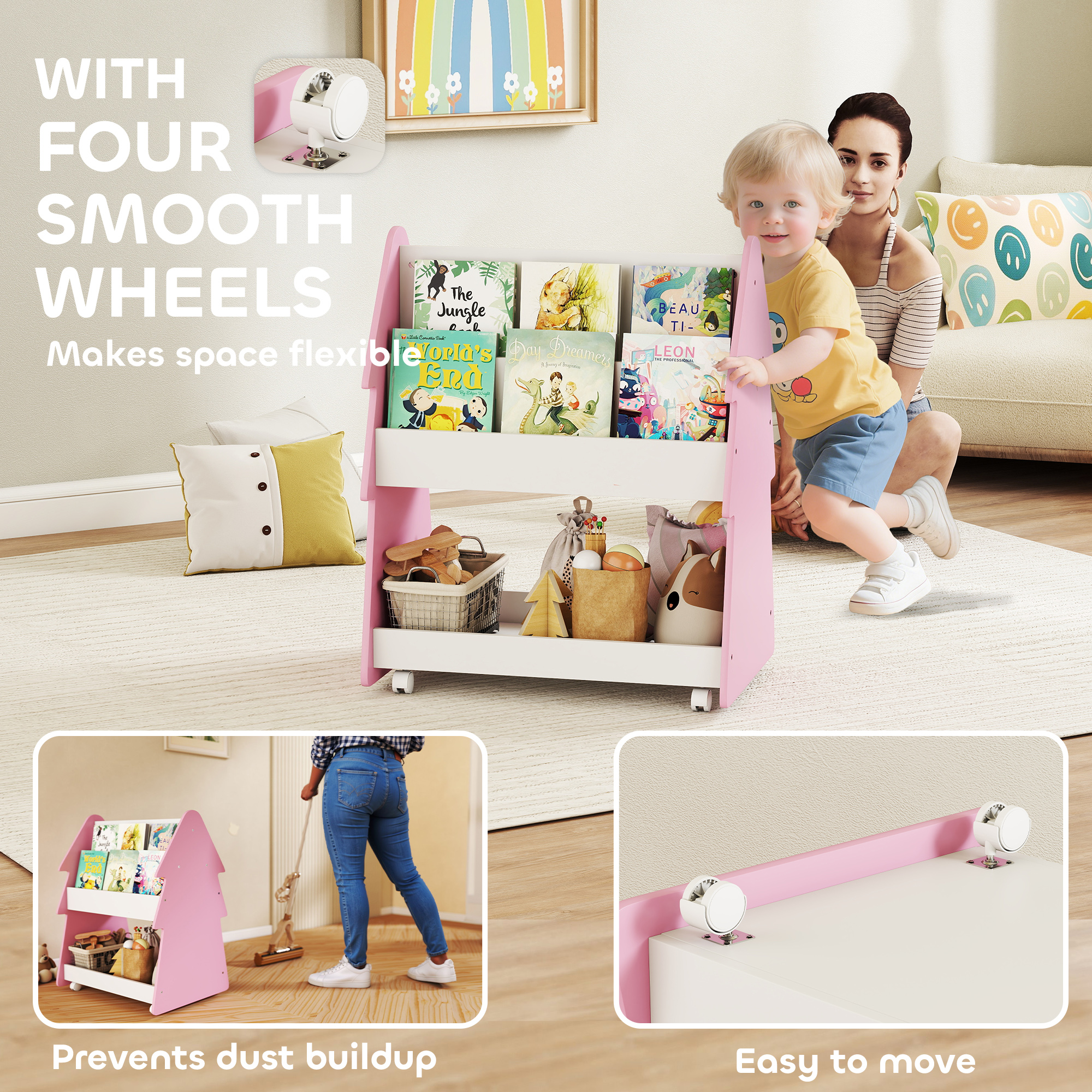 Kids Bookshelf With Toy Storage,Double-Sided Bookcase Wheels,3 Tier Book Rack