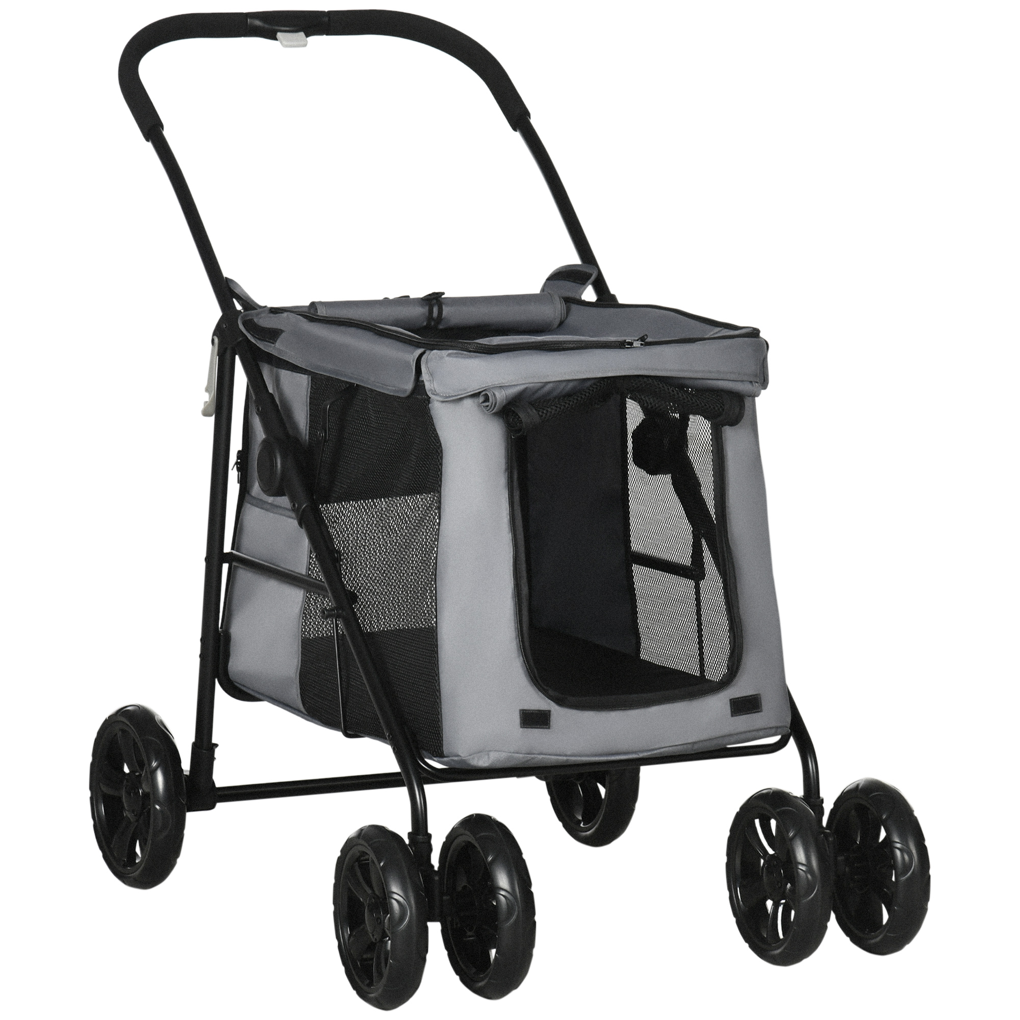 Dog Pram Stroller 4 Wheels Pet Pushchair With Rolling Door,Cushion,Safety