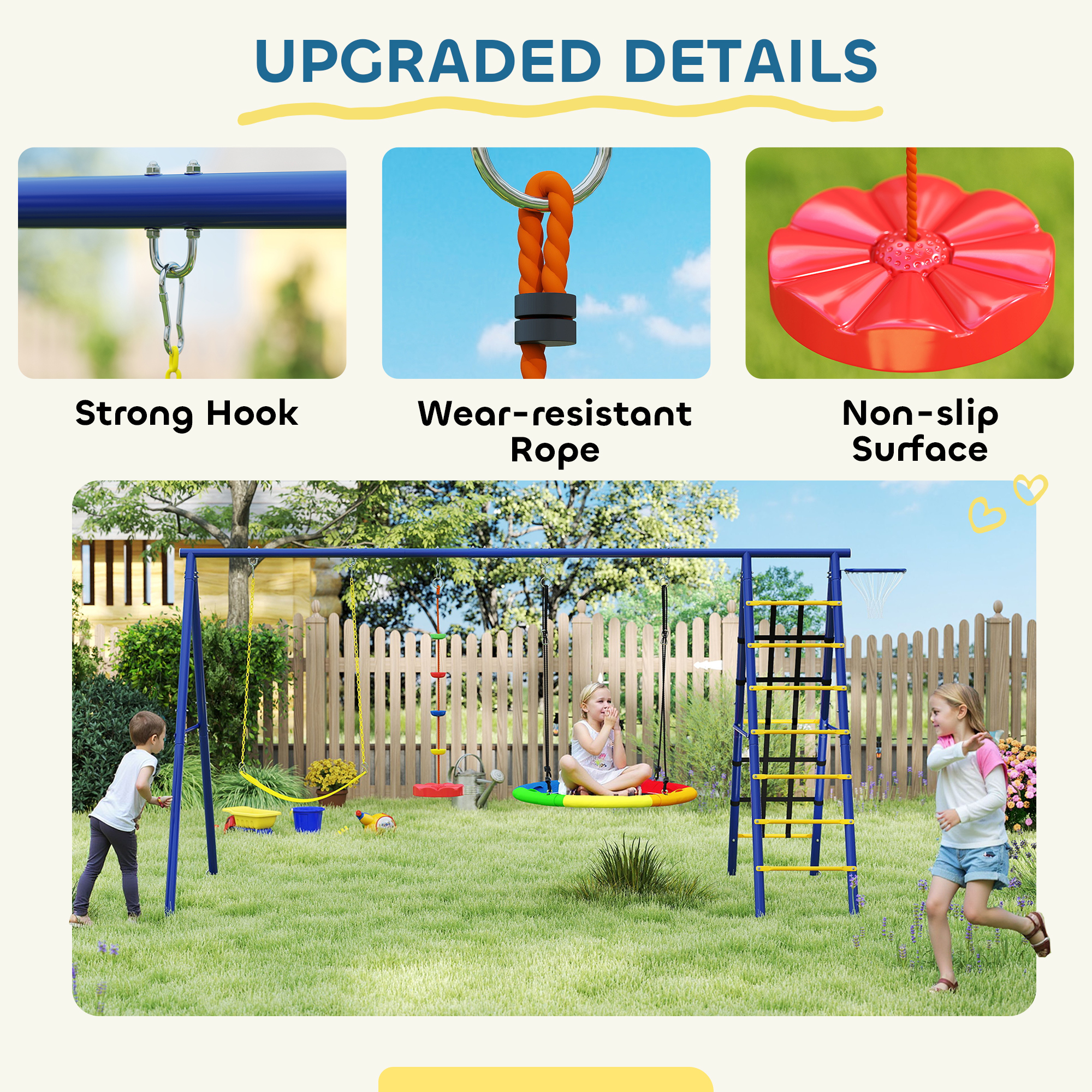 6 In 1 Metal Kids Swing Set With 3 Swings,Climbing Ladder & Net,Basketball — image 3