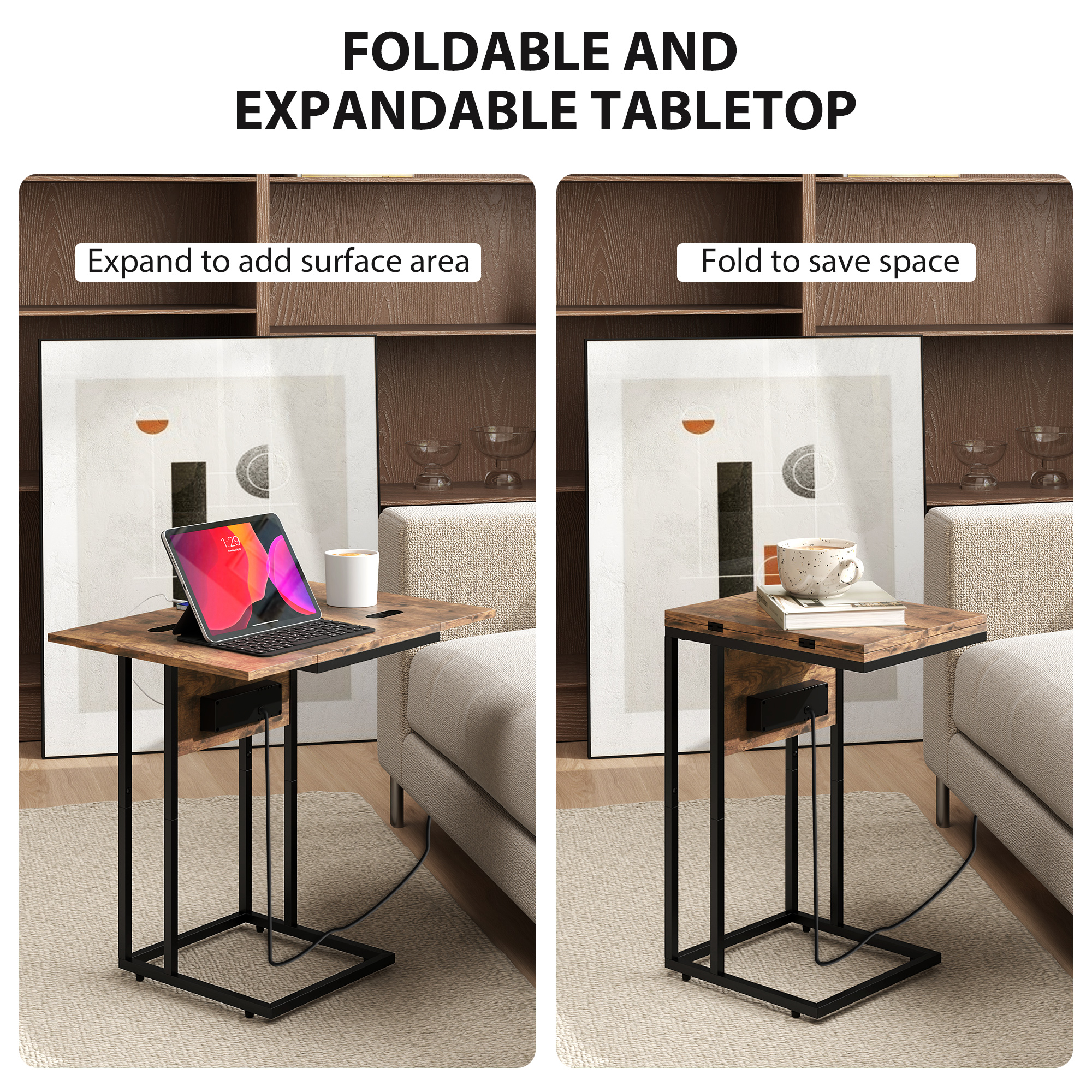 C Shaped Side Table With Charging Station And Foldable Top-Rustic Brown — image 5