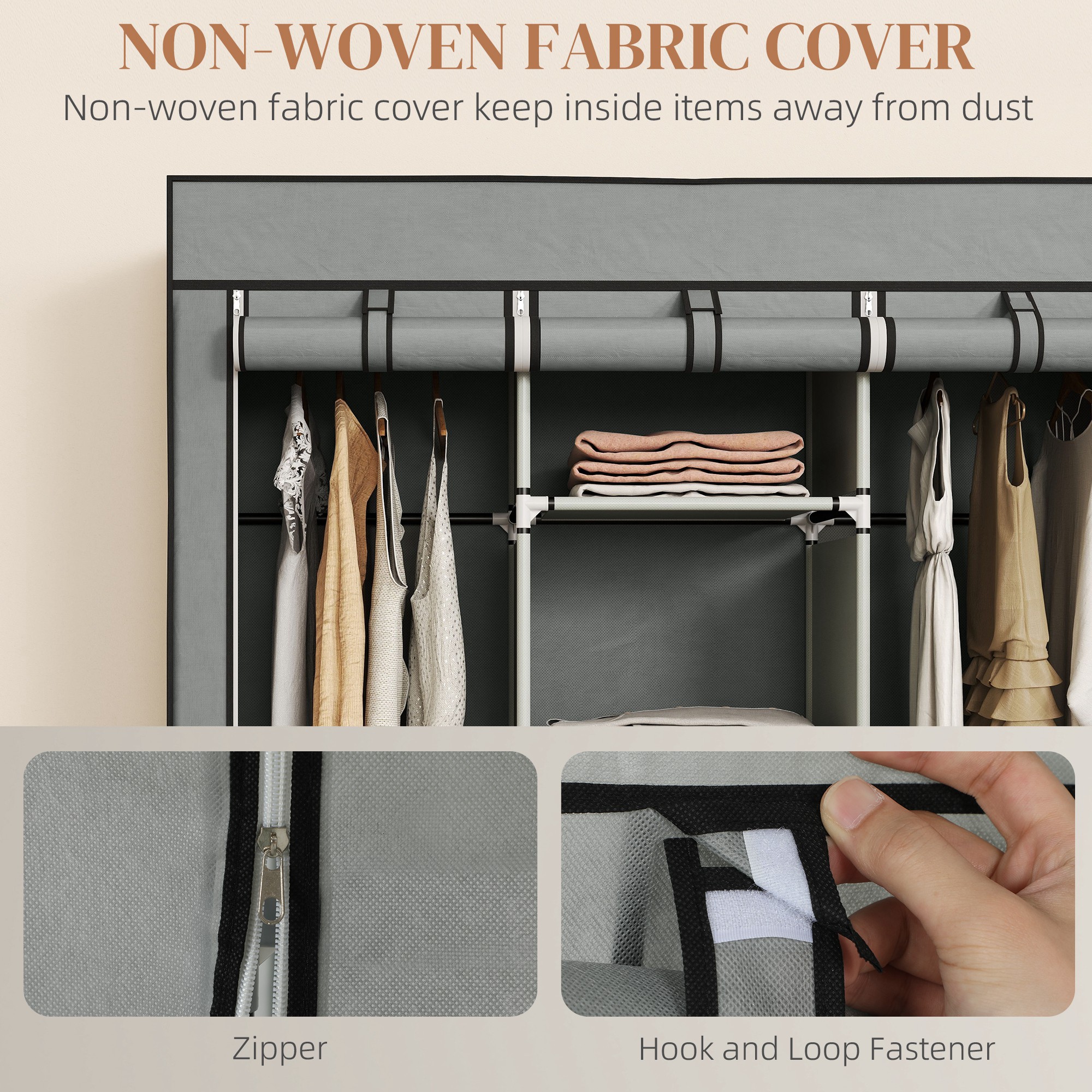 Fabric Wardrobe For Bedroom,Portable With 5 Shelves,2 Hanging Rails And 3