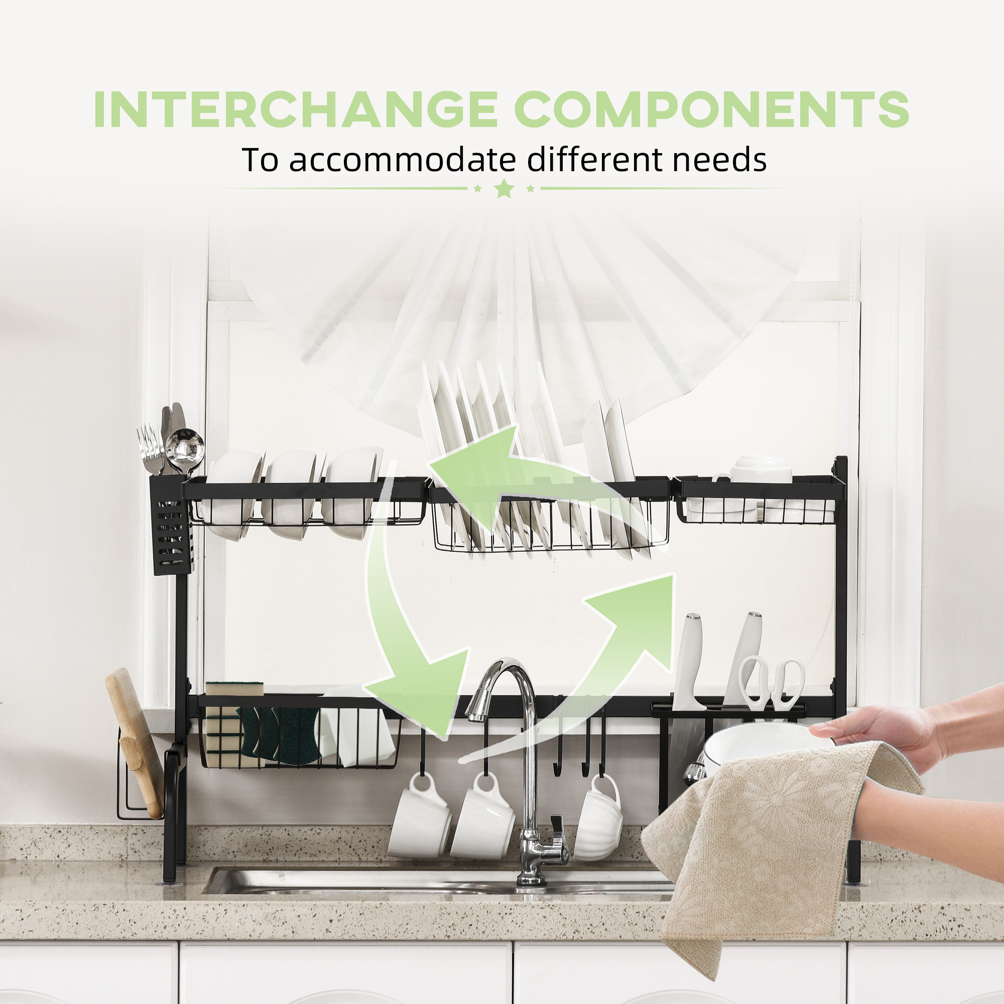 Space saving 2 tier adjustable dish drainer over the sink