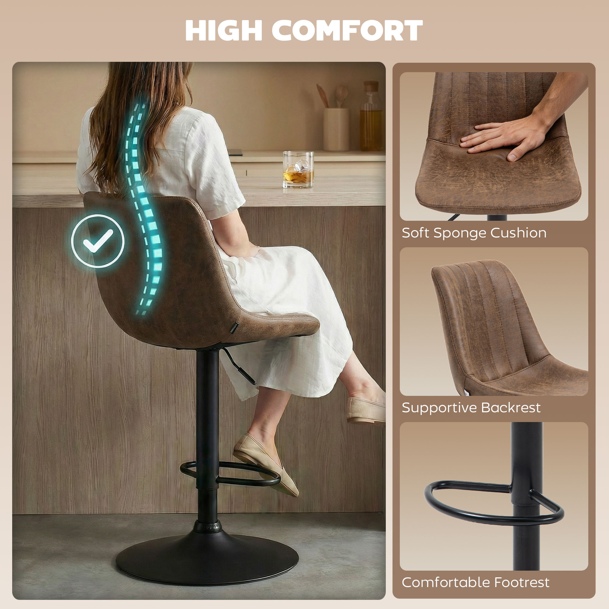 Set Of 2 Leathaire Tub Bar Stools-Brown — image 2
