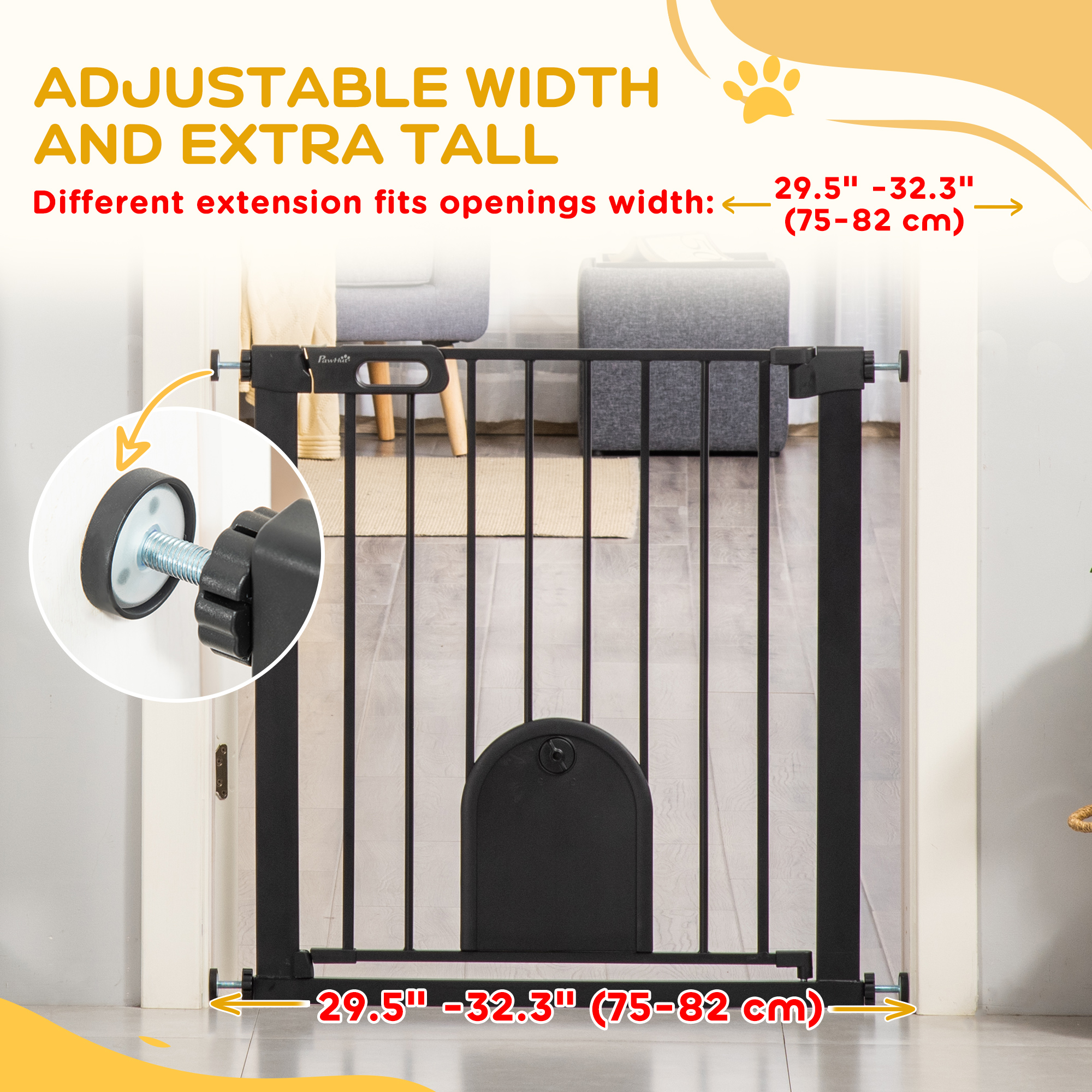 Dog Gate With Cat Flap Pet Safety Barrier,Stair Pressure Fit,Auto Close,Double