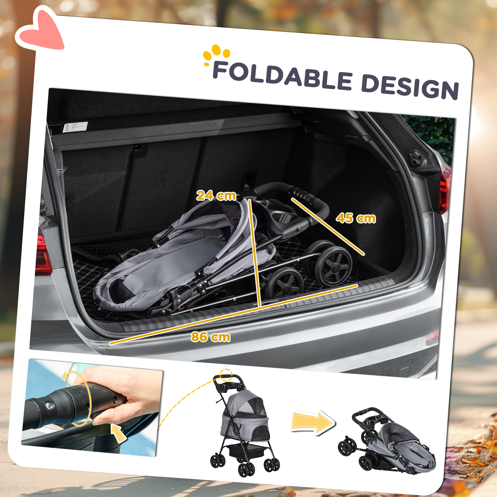 Dog Pram Stroller Foldable Pet Pushchair With 4 Wheels,Safety Leashes,Cup — image 3