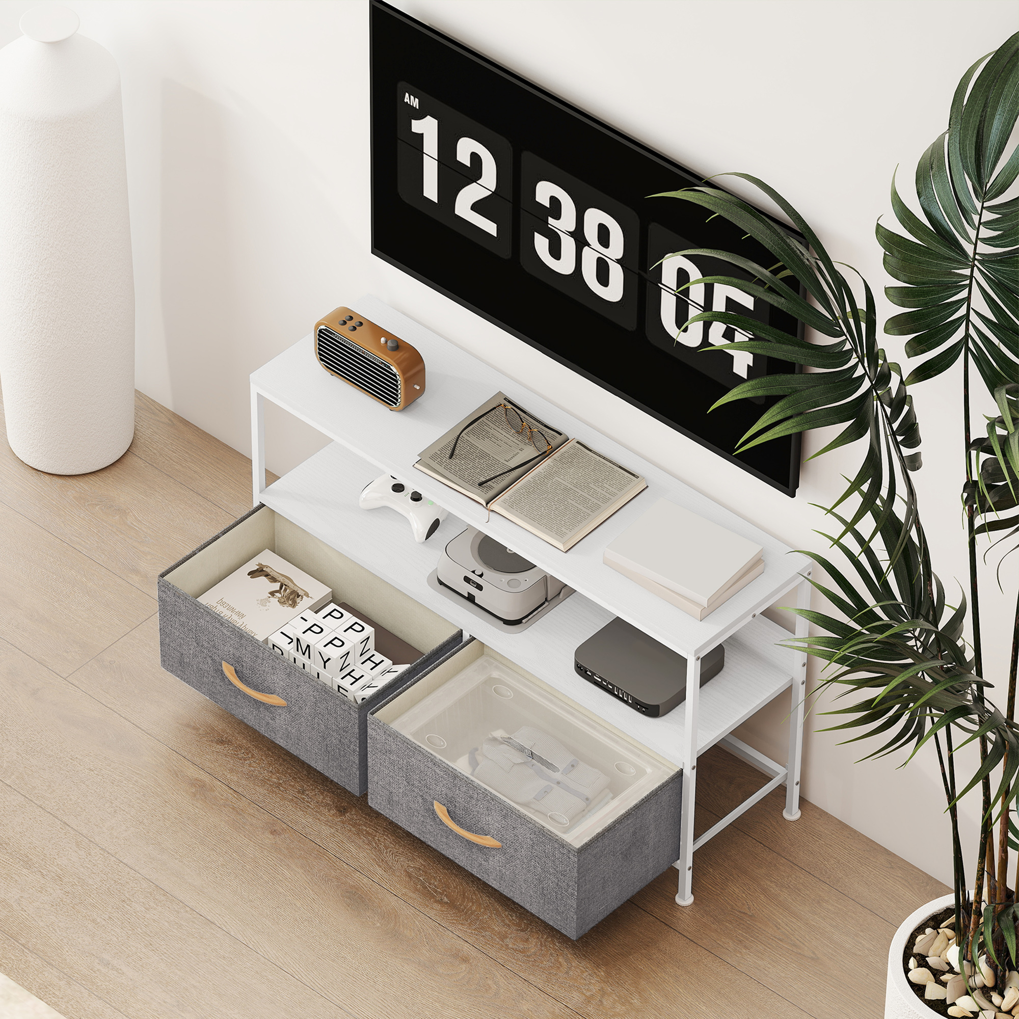 TV Stand Cabinet With 2 Foldable Drawers-White