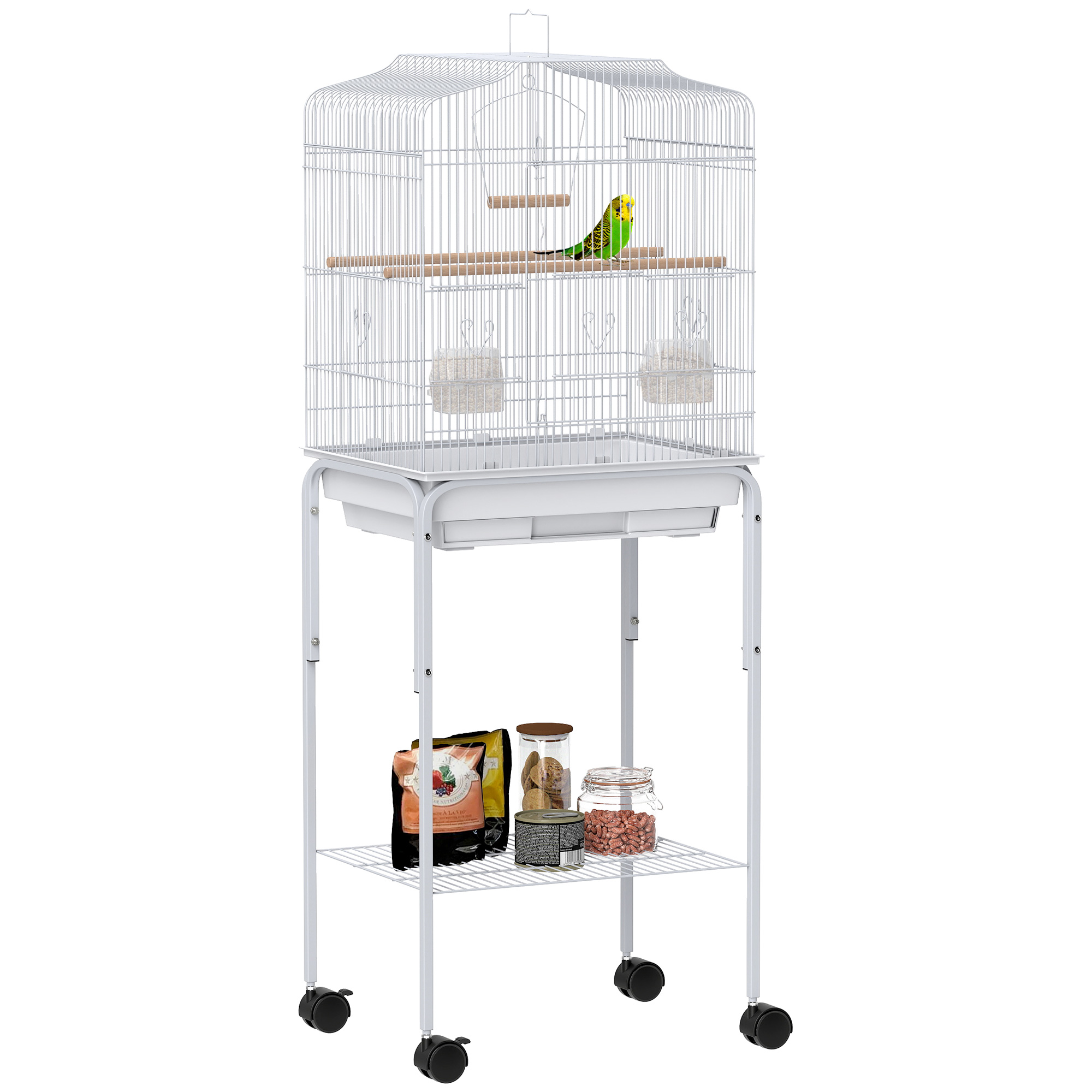 Bird Cage Budgie Cages For Finch Canary Parakeet With Stand Wheels Slide-out Tray Accessories Storage Shelf,White — 1