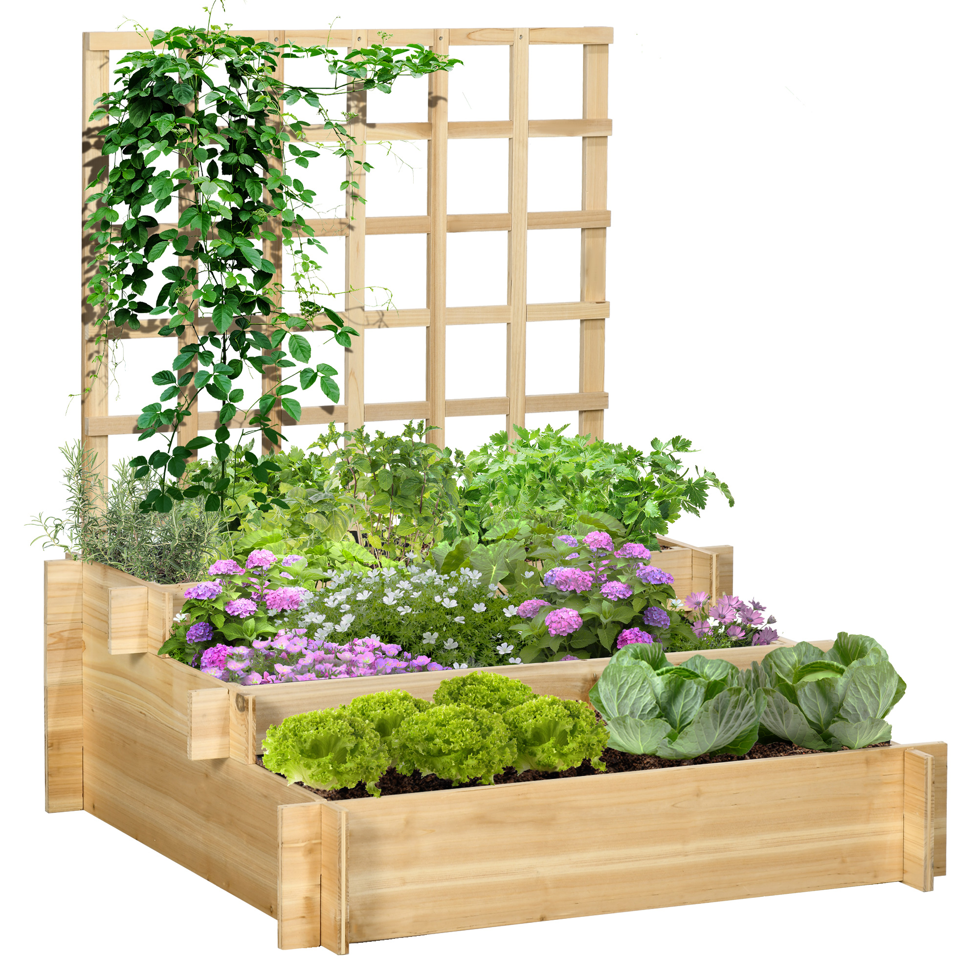 3 Tier Garden Planters With Trellis For Vine Climbing,Wooden Raised — image 3