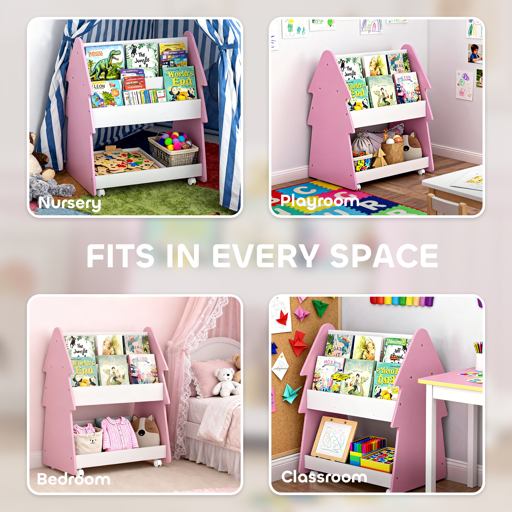 Kids Bookshelf With Toy Storage,Double-Sided Bookcase Wheels,3 Tier Book Rack — image 2