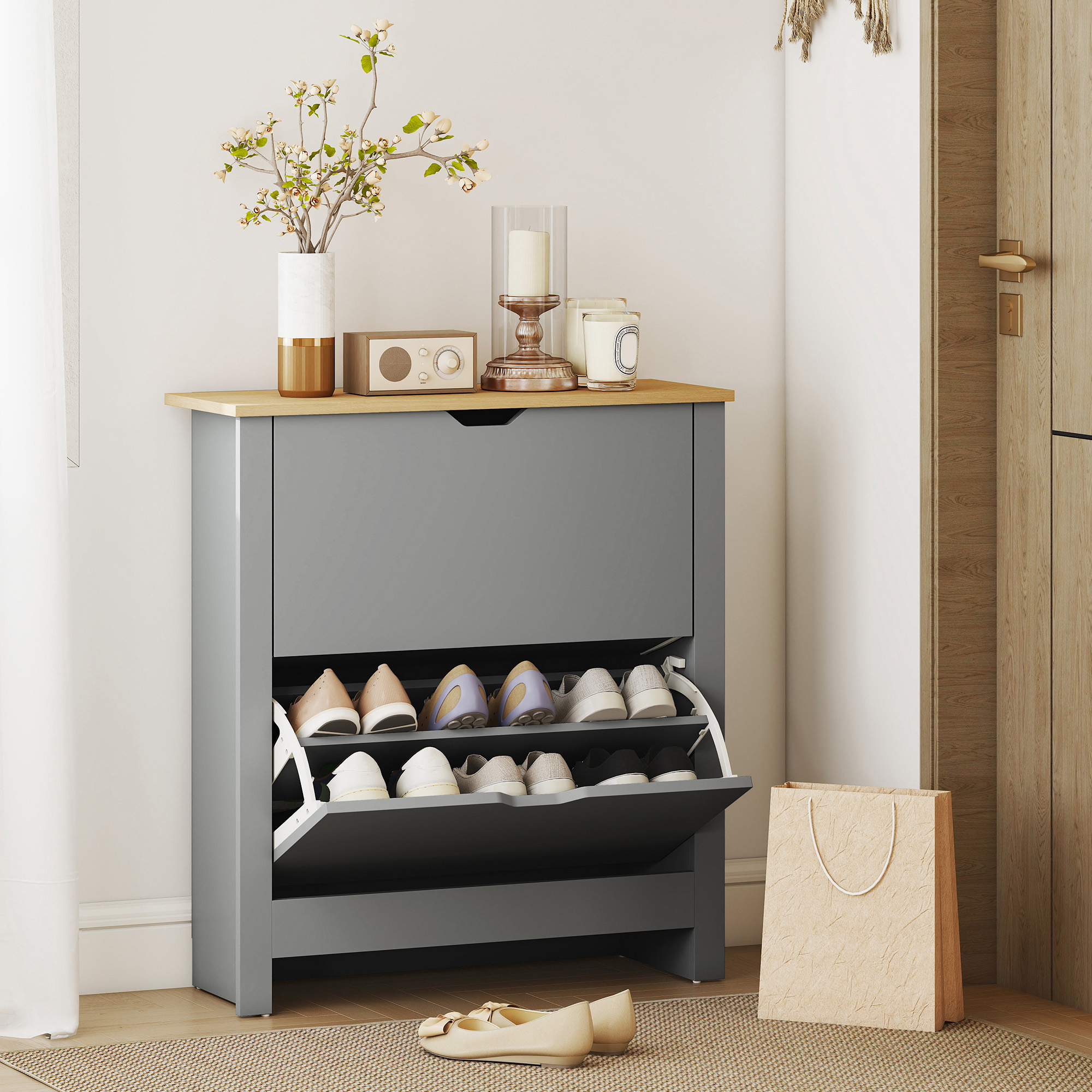 Slim Shoe Cabinet,Narrow Cupboard With 2 Flip Drawers,Adjustable Shelves For 12
