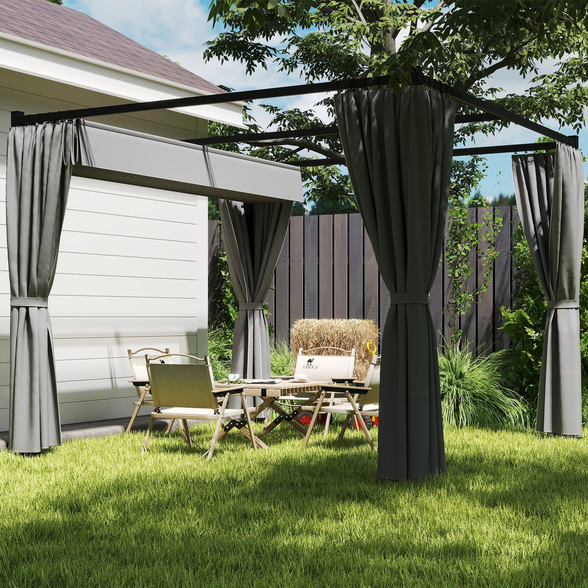 3 X 3m Moving Canopy Metal Pergola,with Curtains-Grey