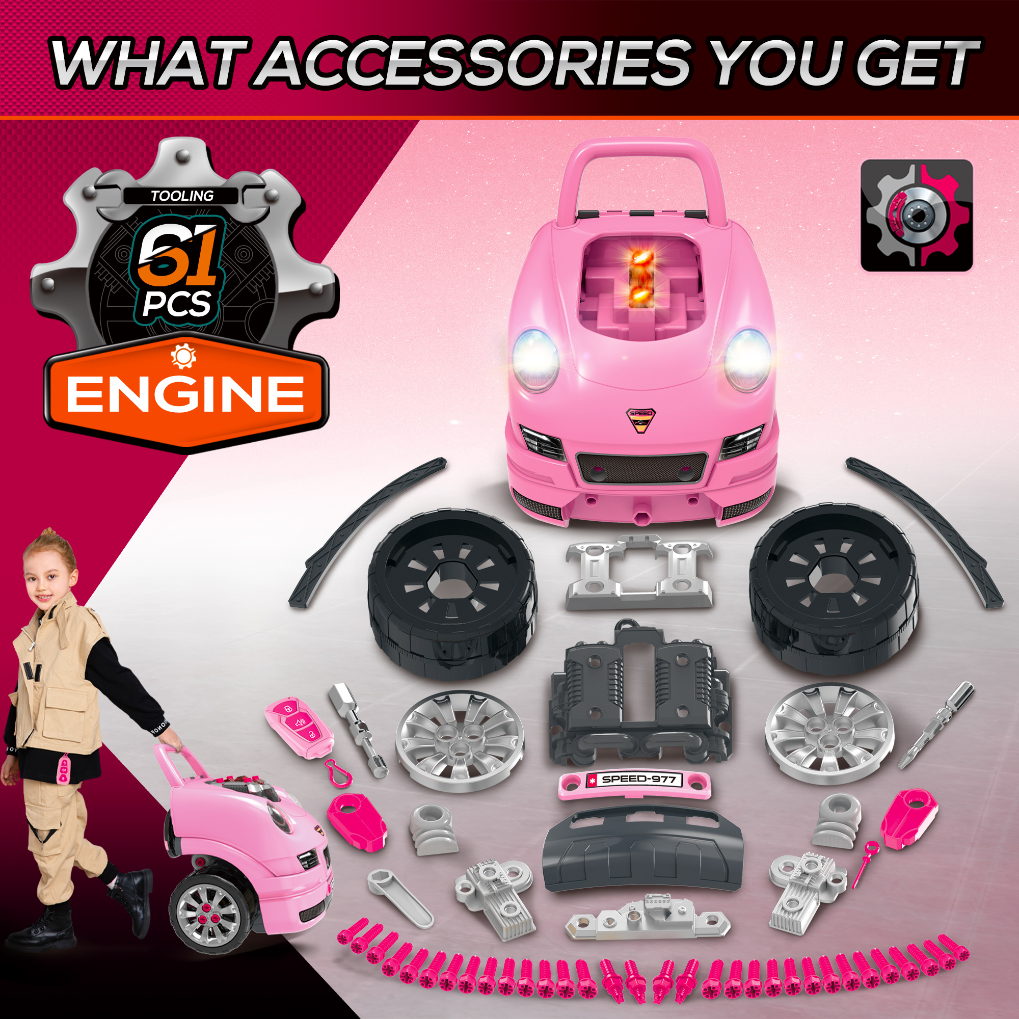 Kids Truck Engine Toy Set,with Horn,Light,Car Key,for Ages 3-5 Years-Pink — image 5