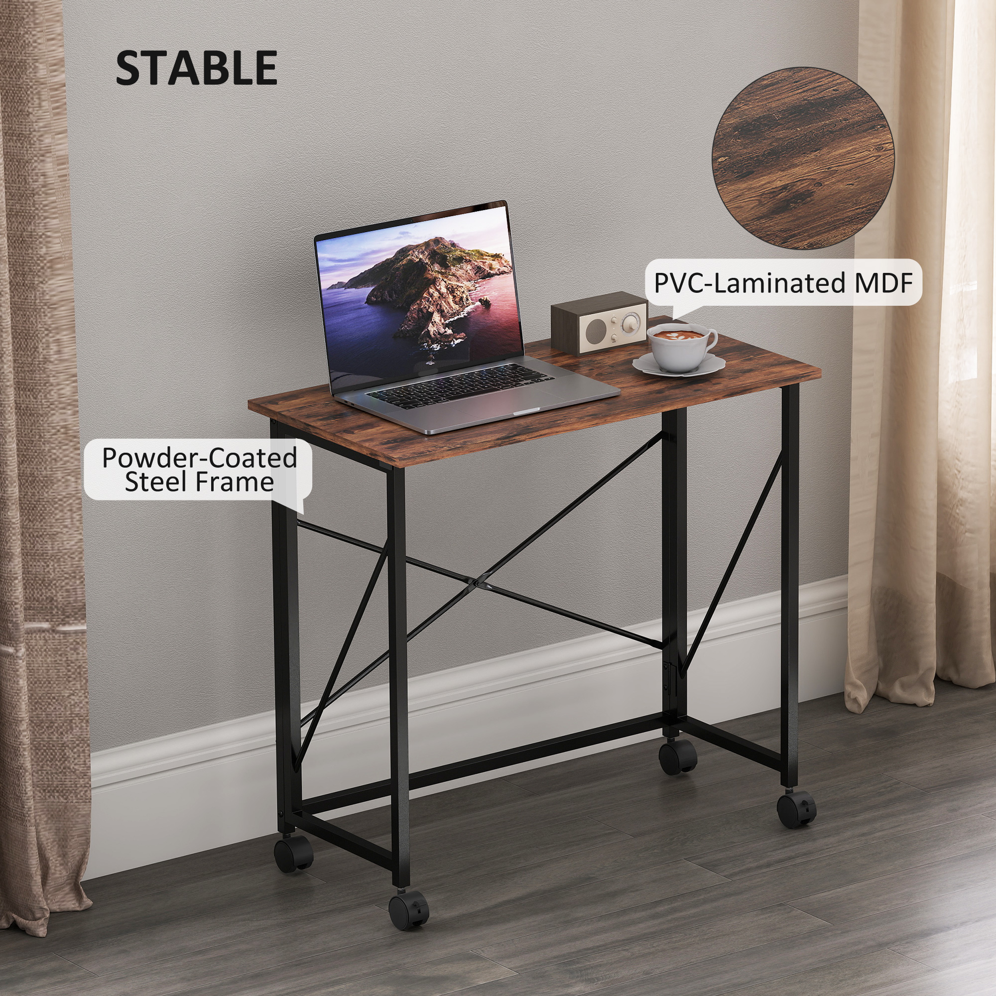 80 Cm Folding Desk On Wheels-Rustic Brown