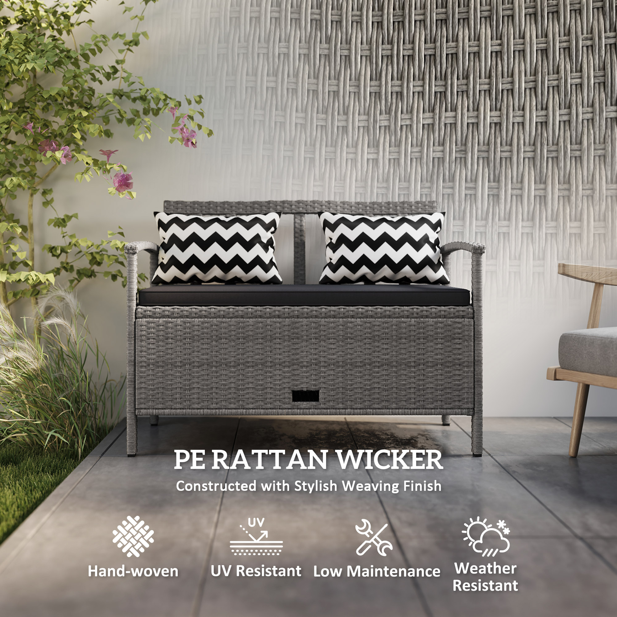 160L Storage Two-Seater Rattan Bench-Grey — image 2
