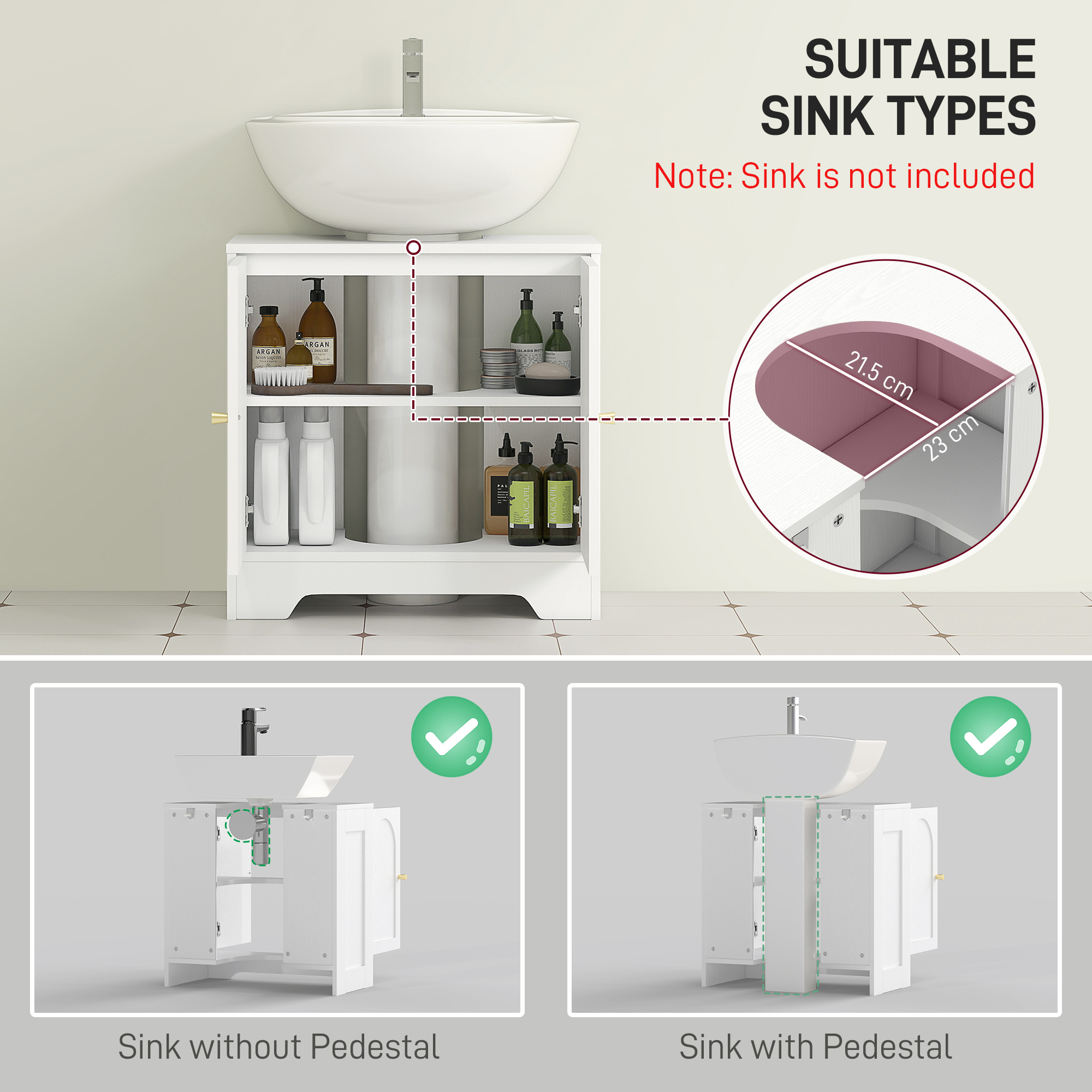 Under Sink Bathroom Cabinet With 2 Arch Doors-White — image 2