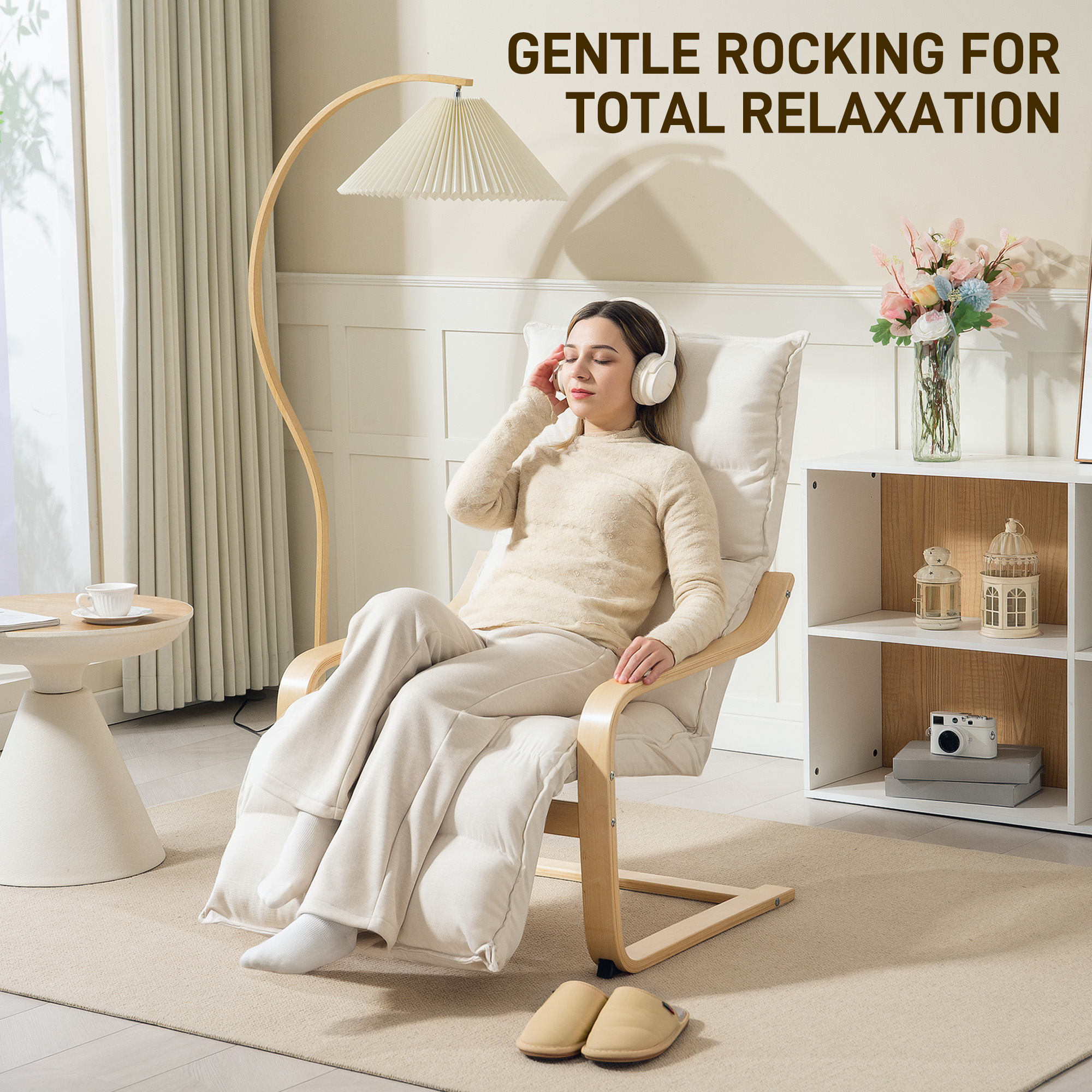 Curved Wooden Accent Chair,with Adjustable Footrest-Cream White — image 6