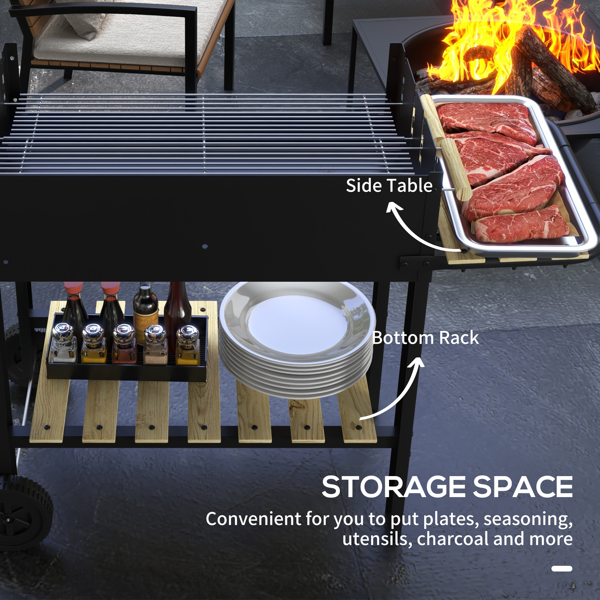 CharcoalÂ BBQÂ Grill,BarbecueÂ Trolley With Double Adjustable Grill,Side — image 3