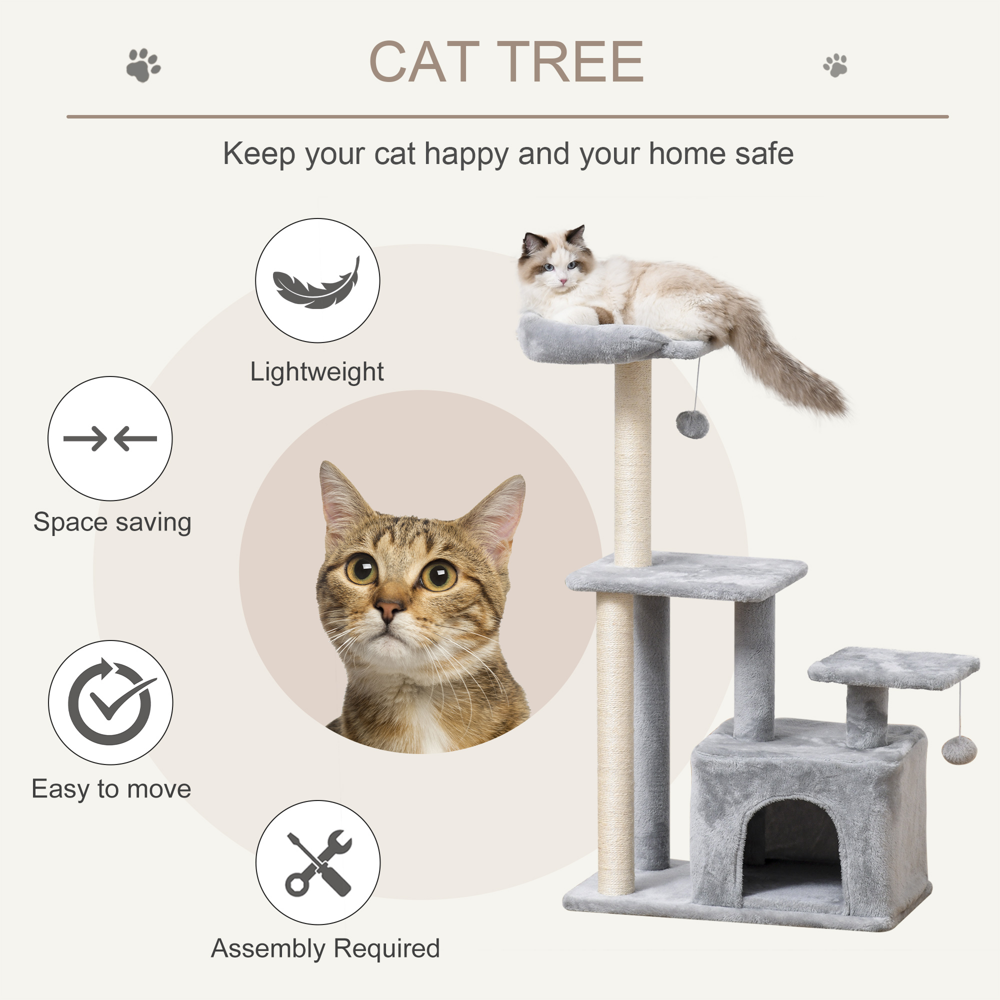 Cat Tree Tower For Indoor Cats 114cm Climbing Activity Centre Kitten With Sisal Scratching Post Perch Hanging Ball Condo Toy Light Grey detail photo 7