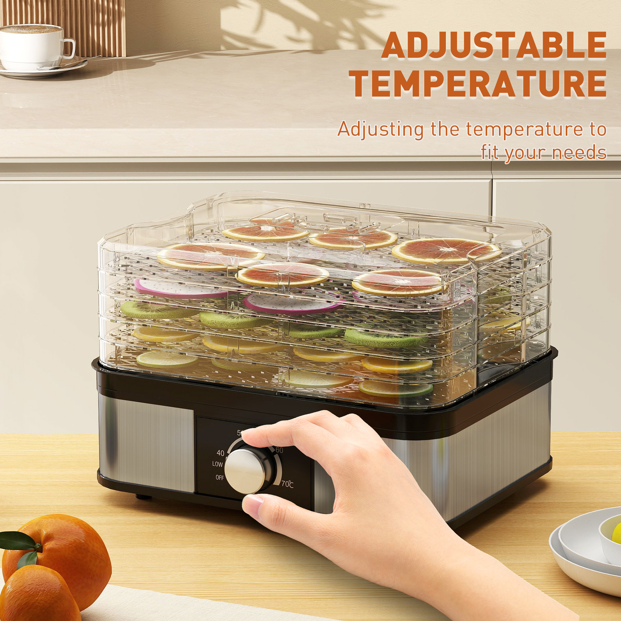 5 Tier Food Dehydrator,245W Stainless Steel Dryer Machine With Adjustable
