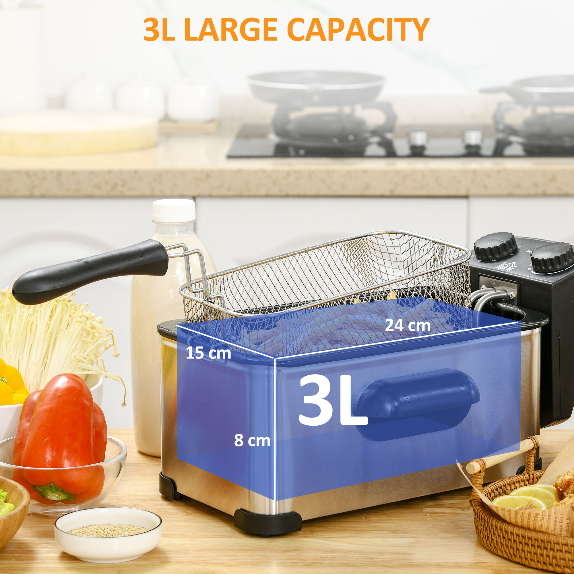3 Litre Stainless Steel Deep Fat Fryer With Adjustable Temp,60min Timer,Viewing — image 3