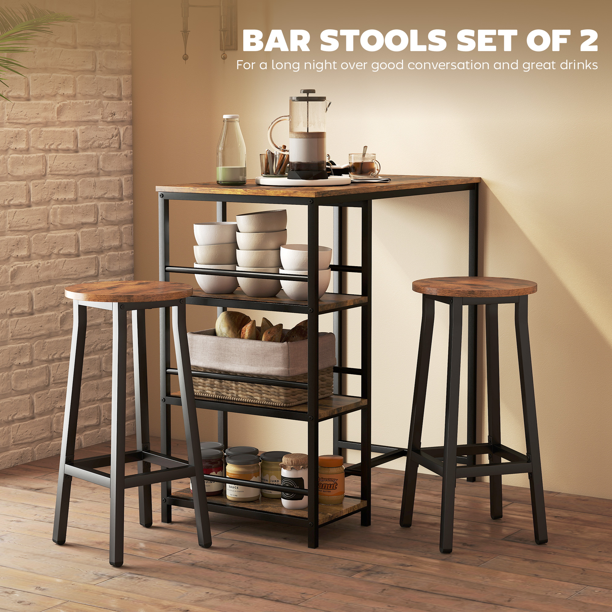 Bar Stools Set Of 2 Breakfast With Footrest,Industrial Round,32 X 32 X 65 — image 3