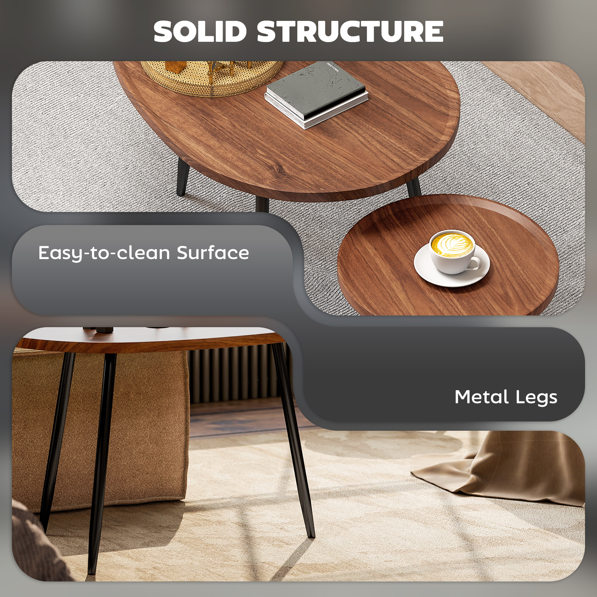 Nesting Coffee Table Set Of 2,80cm Modern Stacking End Side With Metal Legs — image 2