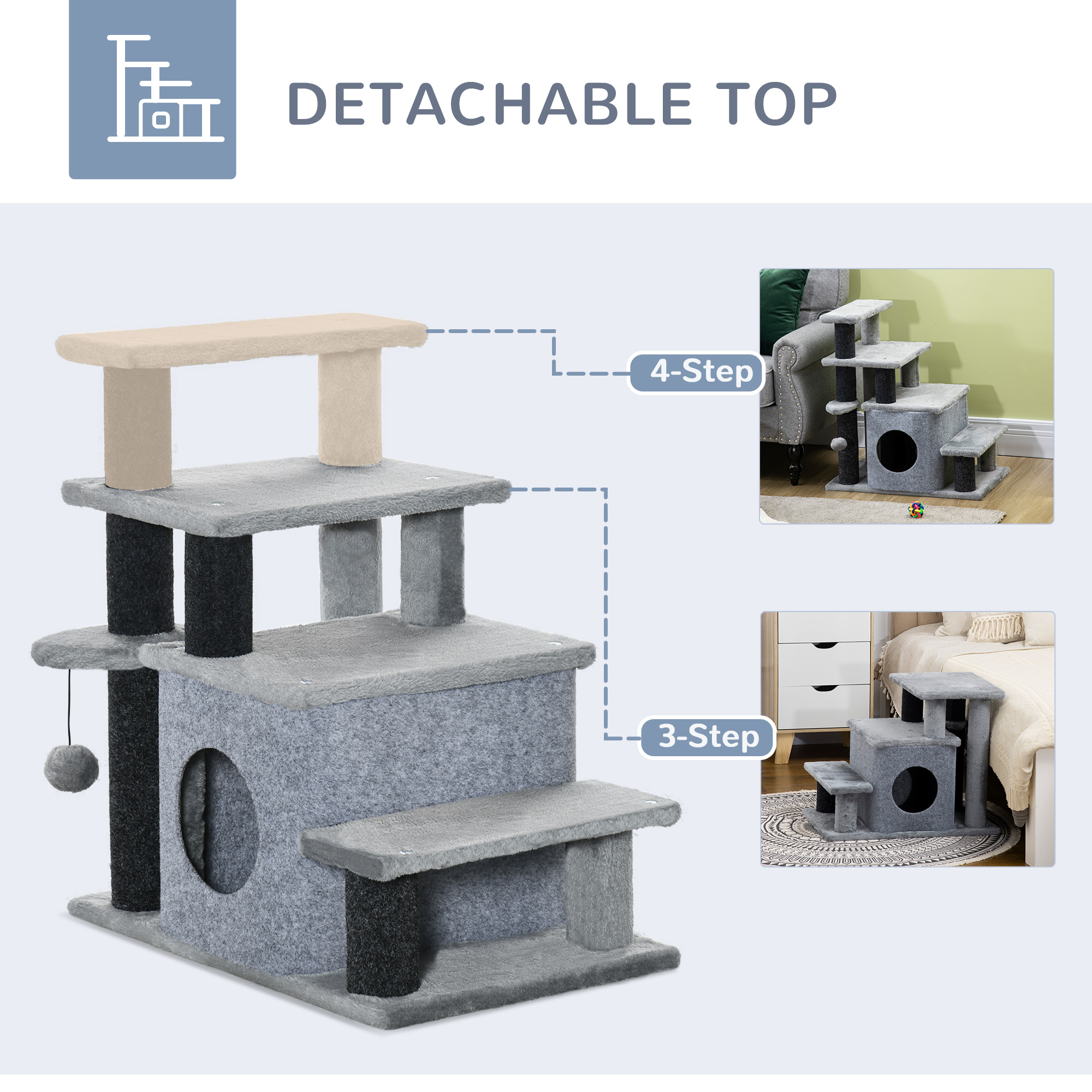 Adjustable Cat Steps,with House & Hanging Toy Ball-Grey detail photo 2