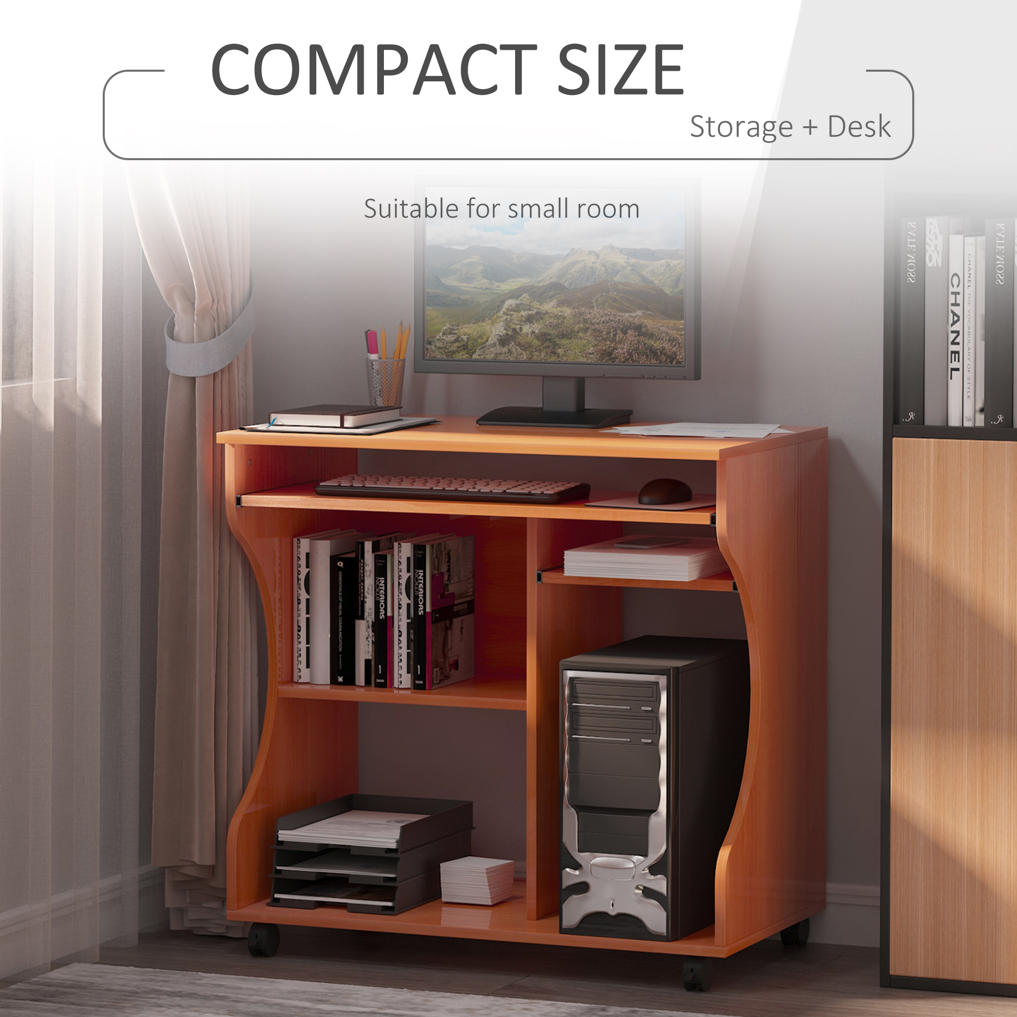 Multi-Storage Compact Work Desk,with Wheels-Cherry Wood Colour — image 2