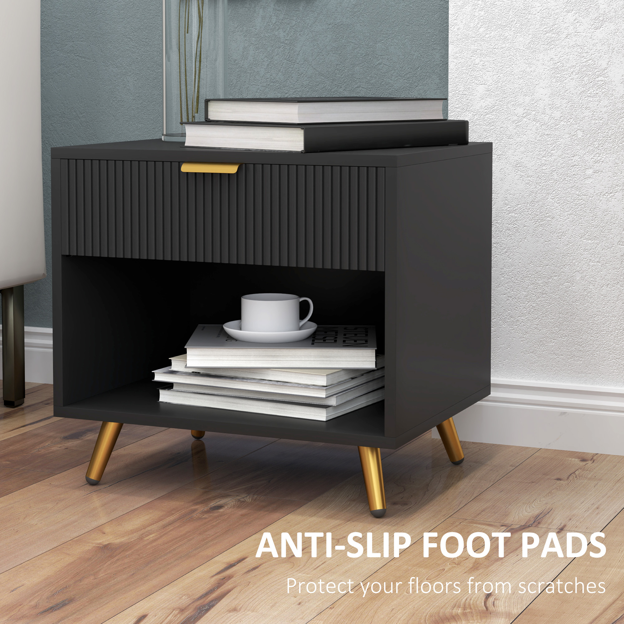 Elegant Bedside Table,with Drawer And Shelf-Black/Gold Tone — image 3