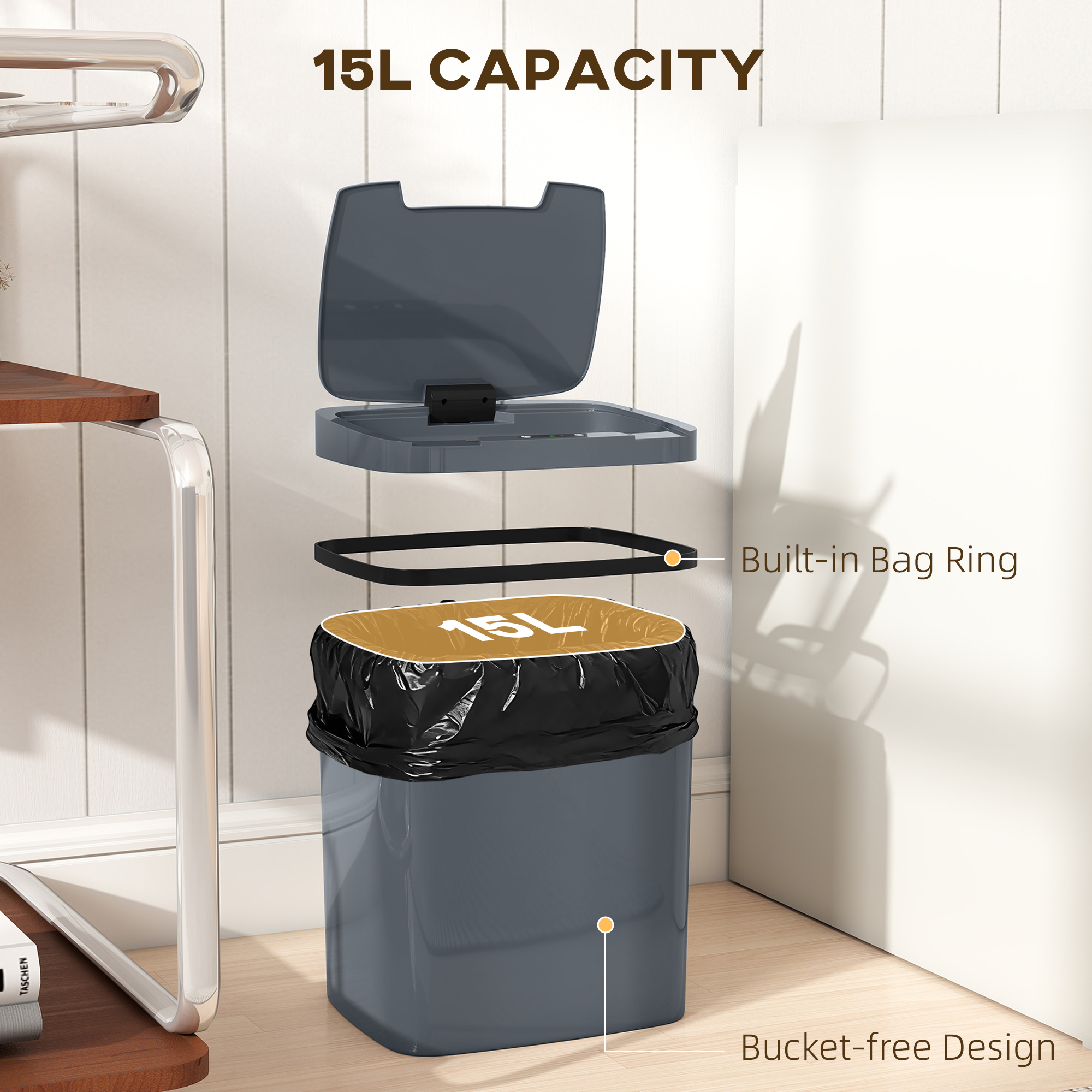 15L Sensor Bin,Automatic Touchless Kitchen Bin,Easy Clean,Battery Operated