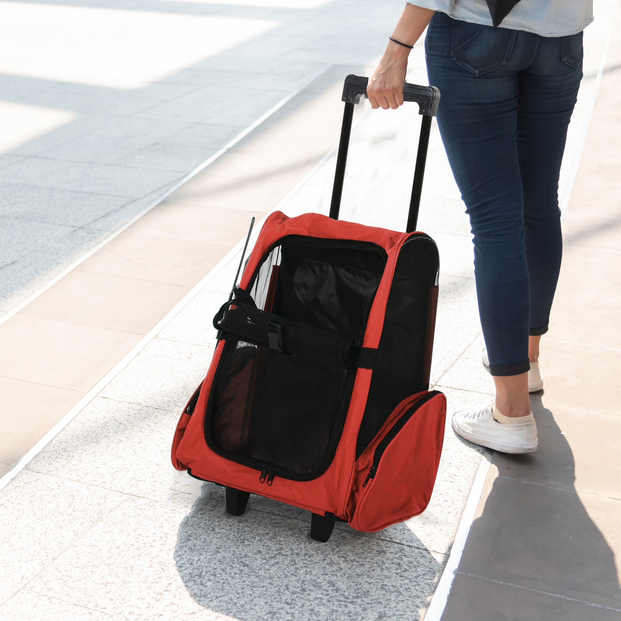 Pet Travel Backpack Bag Cat Puppy Dog Carrier W/ Trolley And Telescopic Handle Portable Stroller Wheel Luggage Bag (Red) detail photo 9
