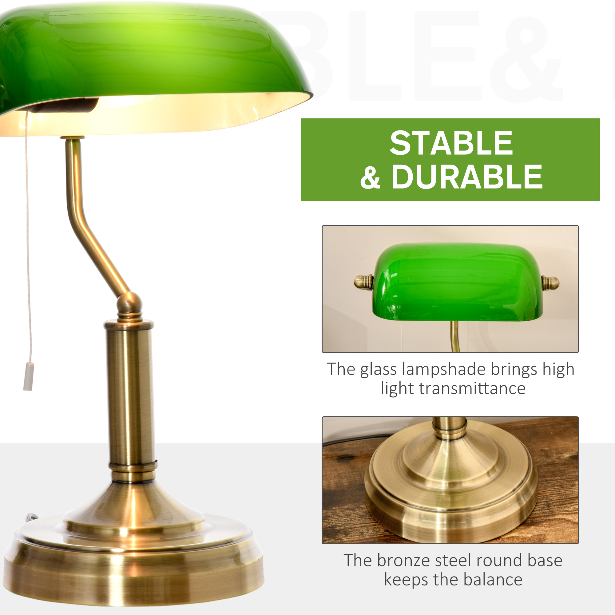 Banker's Desk Lamp With Antique Bronze Tone Base,Table Green Glass Shade — image 4