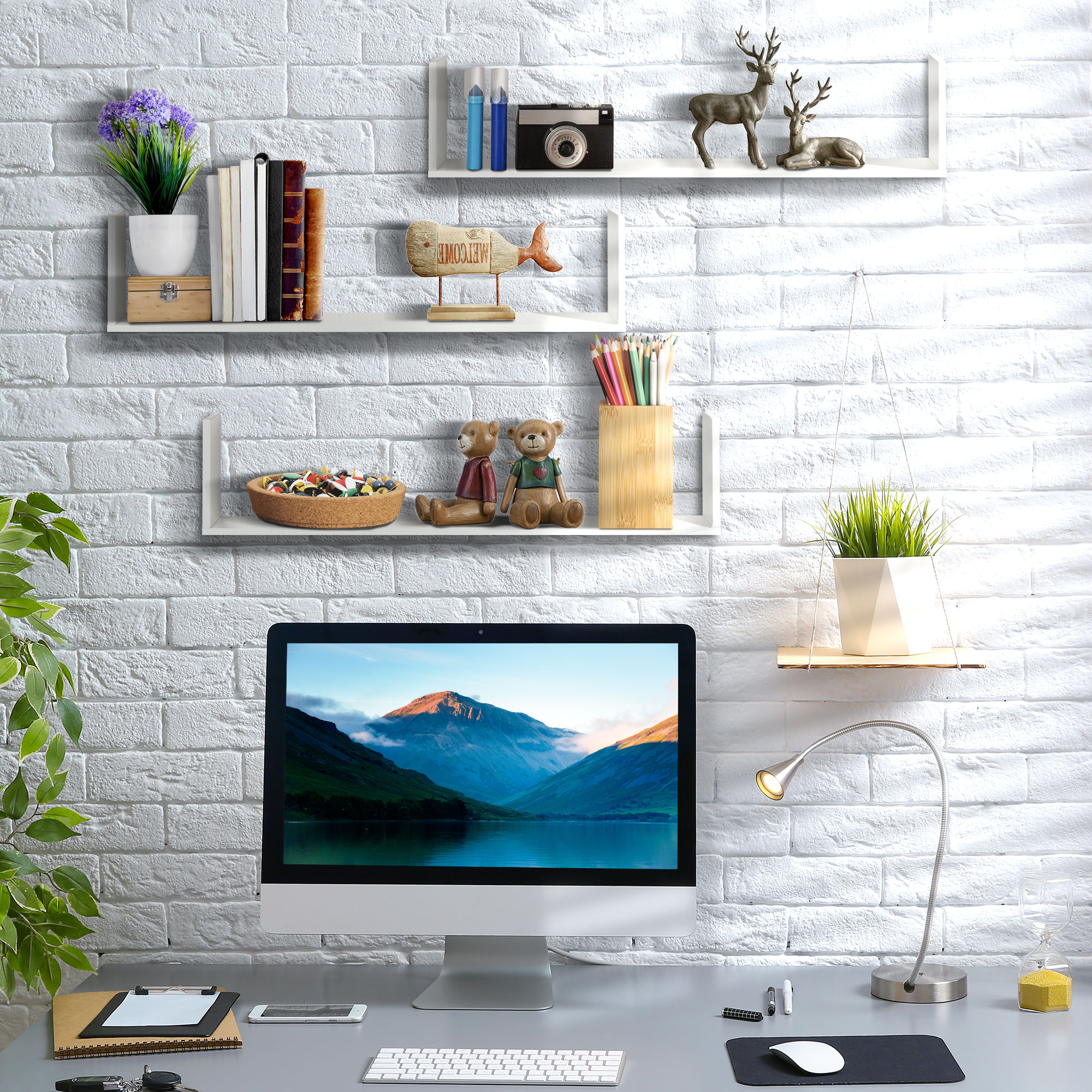 Set Of 3 Wooden U-Shaped Floating Shelves Set,80cm Wall Mounted Hanging — image 2