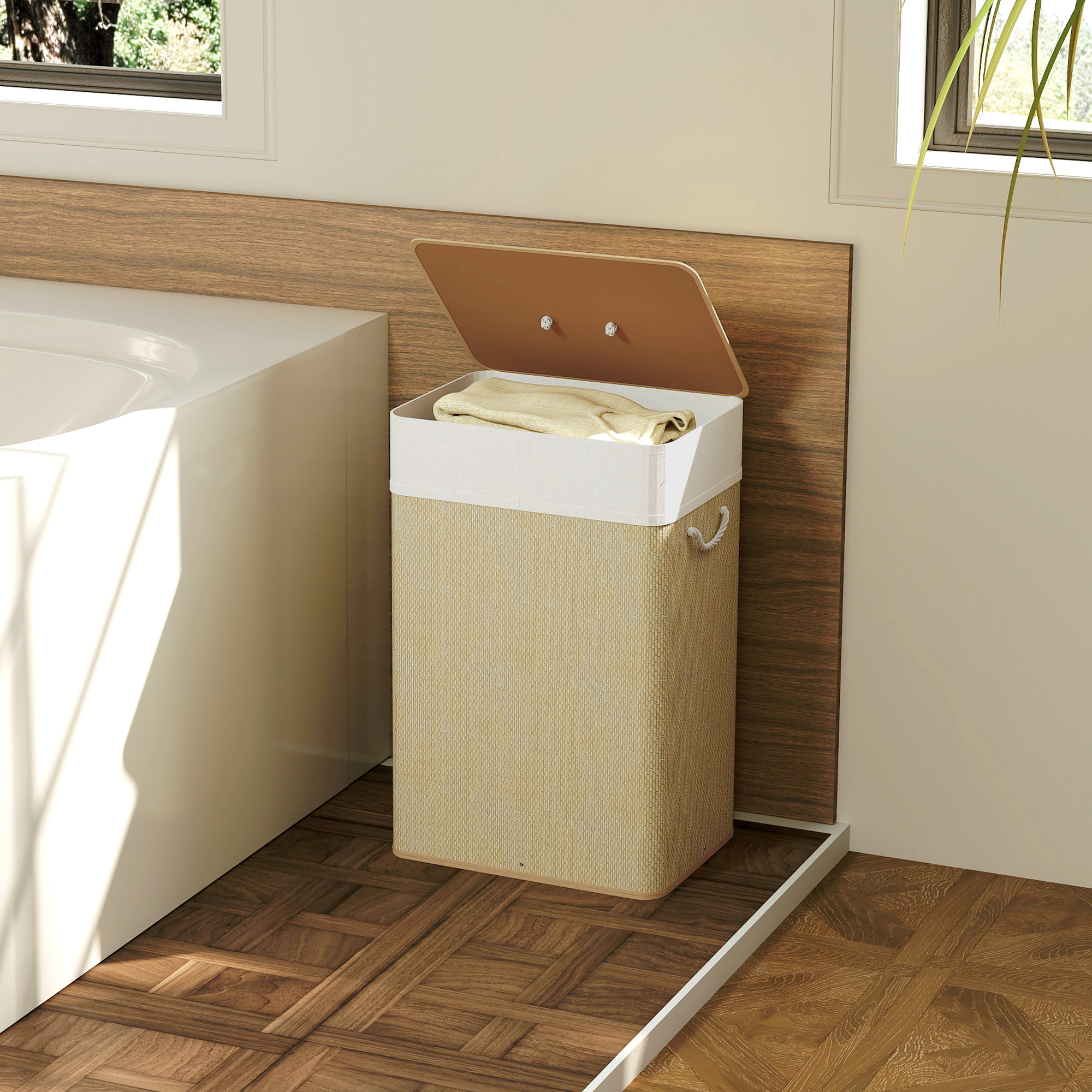 Bamboo Laundry Basket With Lid,72L Hamper Rope Handles,Washing Removable