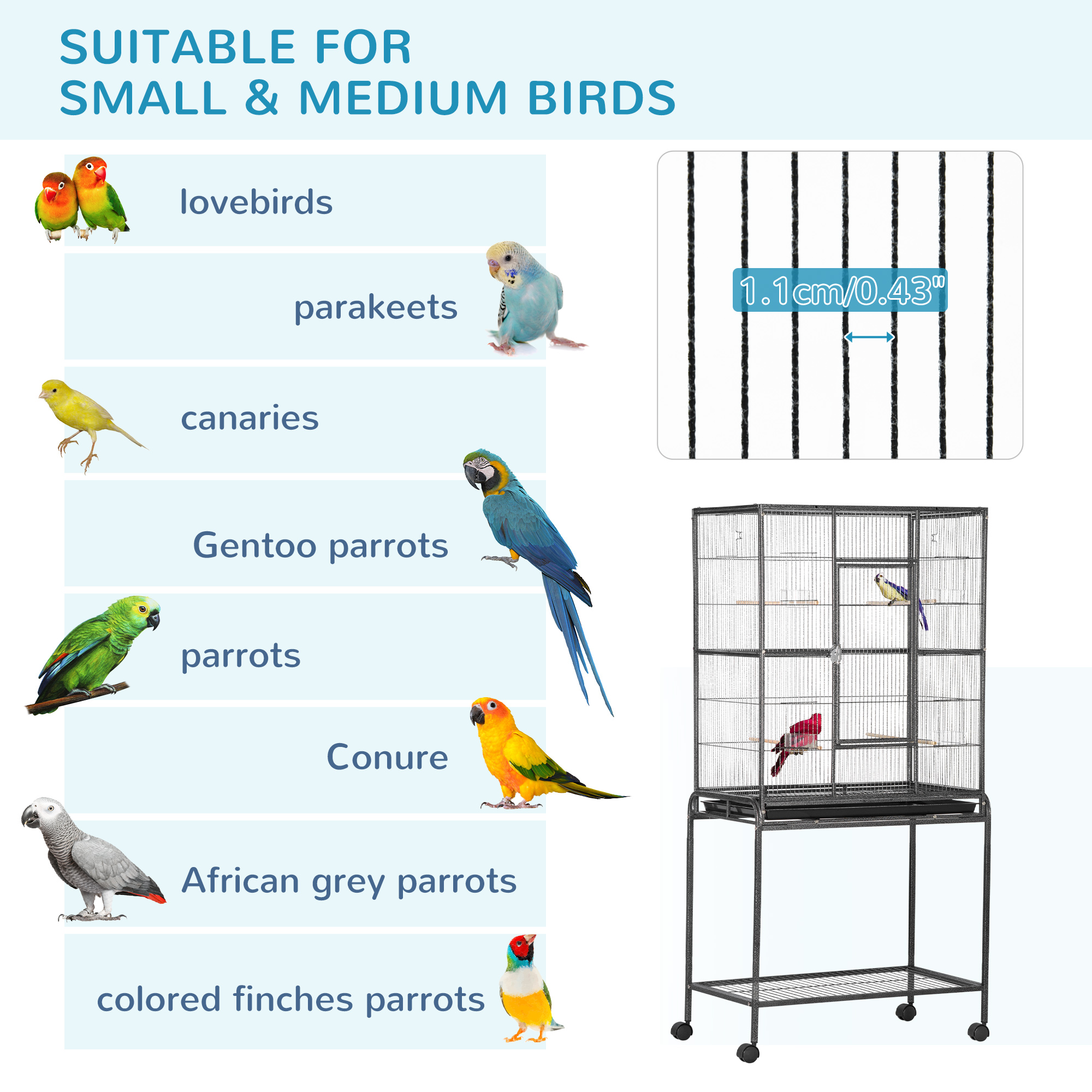 Large Bird Cage Budgie With Stand,Storage Shelf,Wood Perch For Parrot Canary — image 2