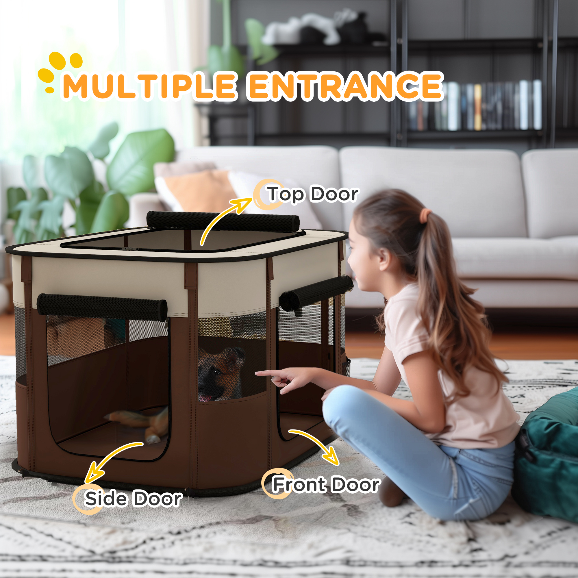 Foldable Dog Pen With Storage Bag For Indoor/Outdoor Use,Portable Pet Playpen,with Ground Stakes-Brown detail photo 9