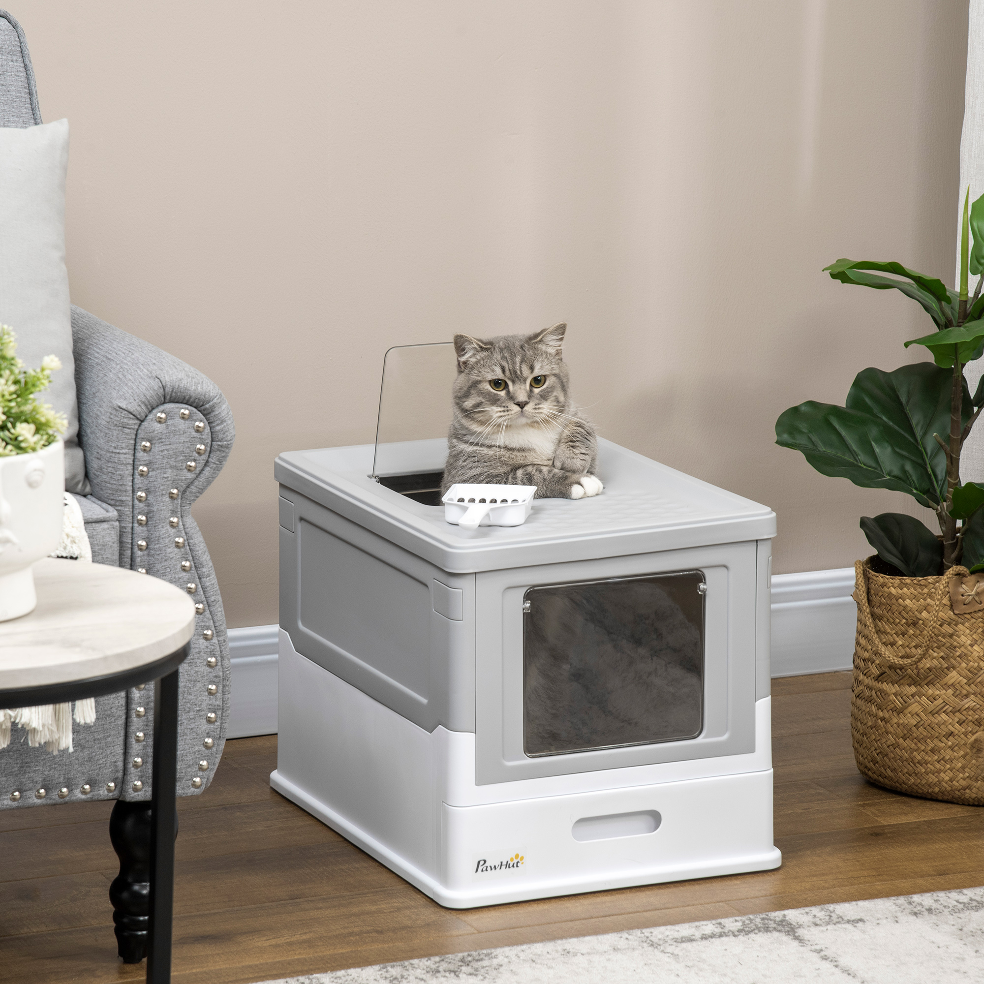Hooded Cat Litter Box,Portable Pet Toilet,with Scoop,Front Entry-Grey — image 2