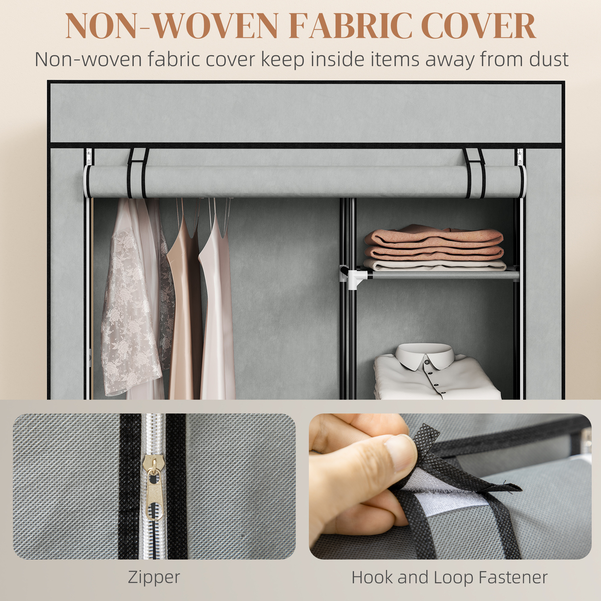 Fabric Wardrobe W/ Shelves Hanging Rail Foldable Light Grey — image 3