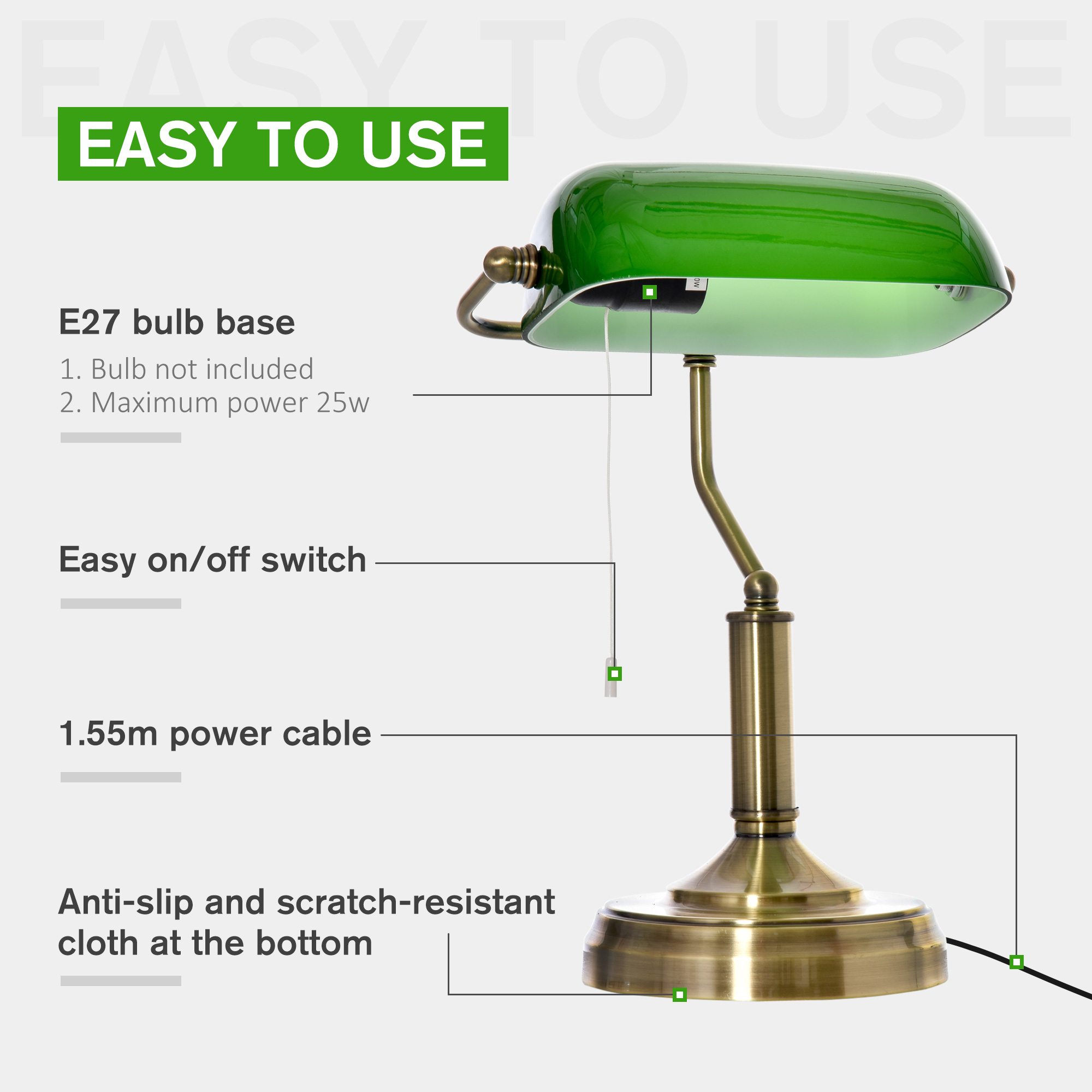 Banker's Desk Lamp With Antique Bronze Tone Base,Table Green Glass Shade
