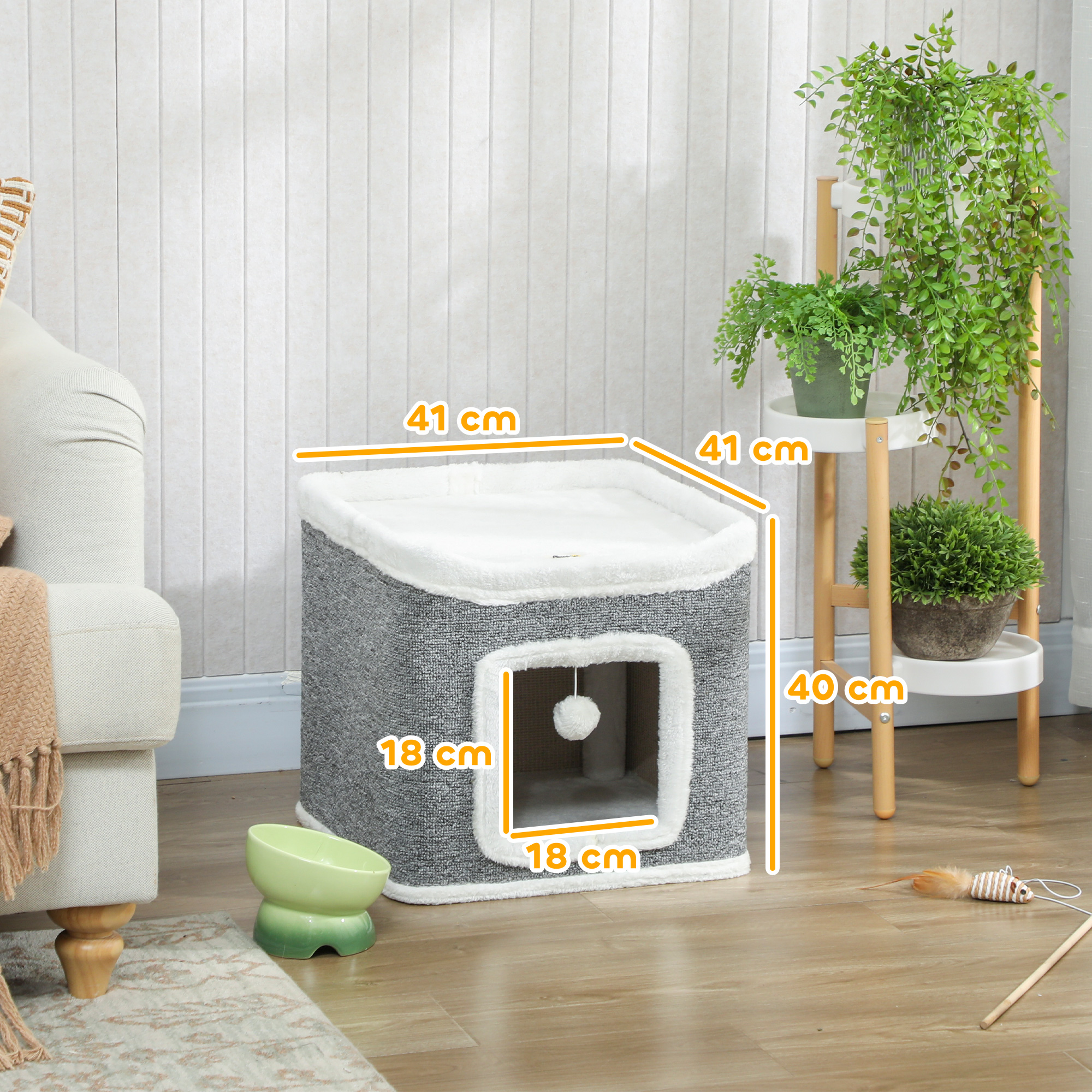 Cat House For Indoor Kittens,2-Level Cat Cave Bed With Fluffy Balls,Top Bed,Kitten Barrel For Multi Kitties,Grey detail photo 8