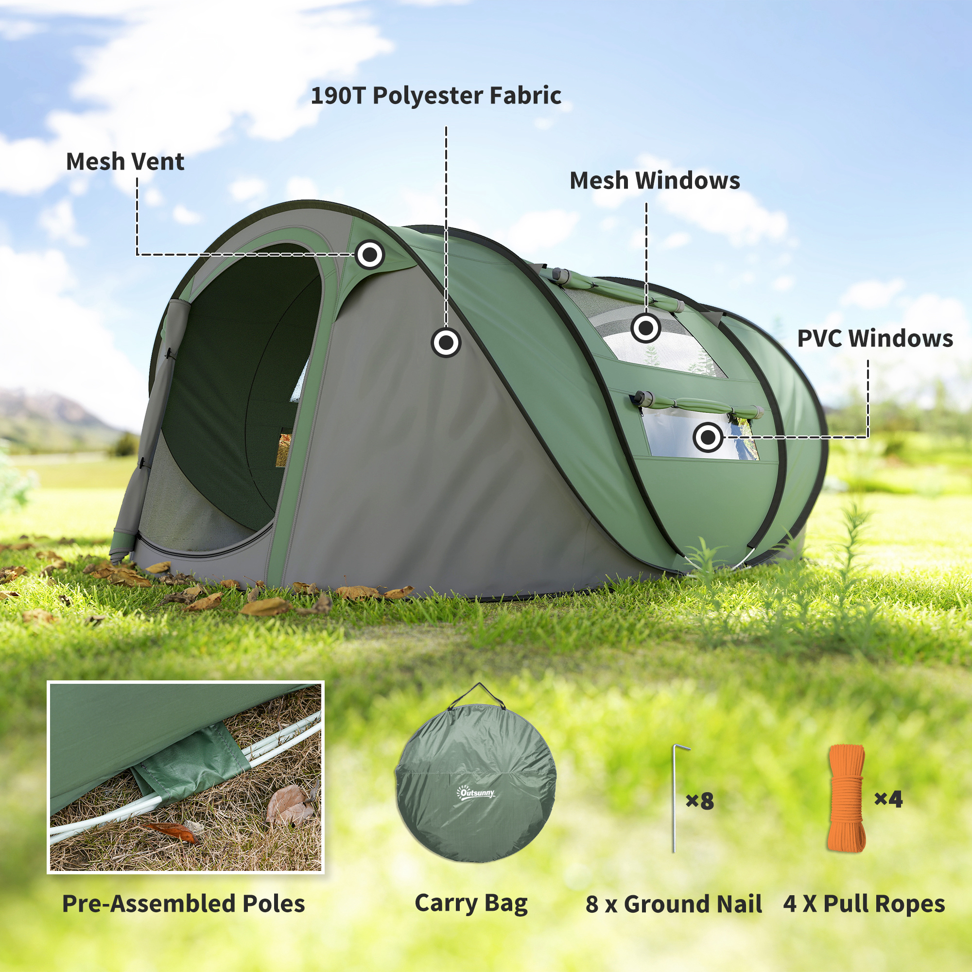 4 Person Pop-up Camping Tent Family With Ground Sheet,4 Windows And Portable — image 4