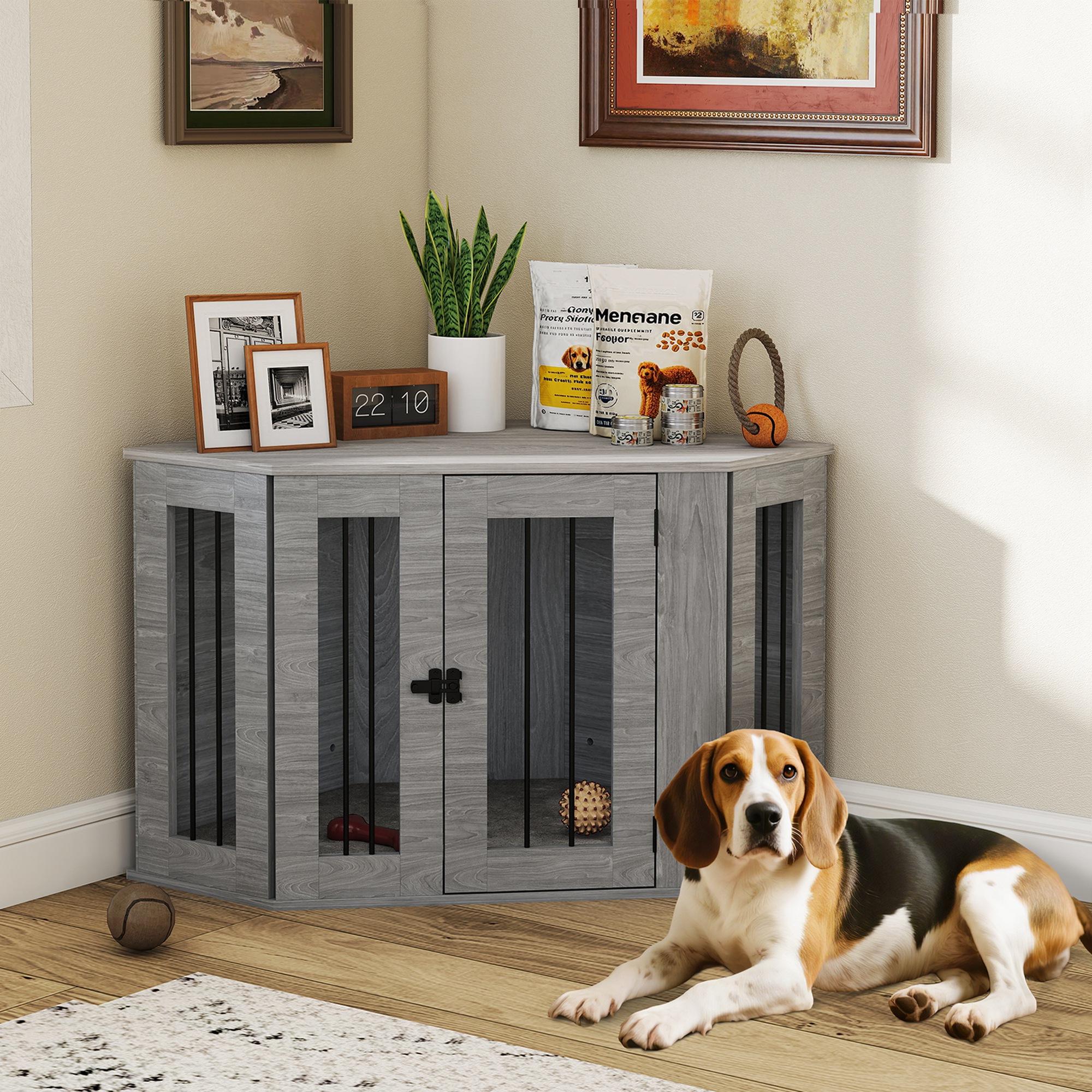 Dog Crate Furniture Side Table,with Cushion,104 X 55 X 63cm-Grey