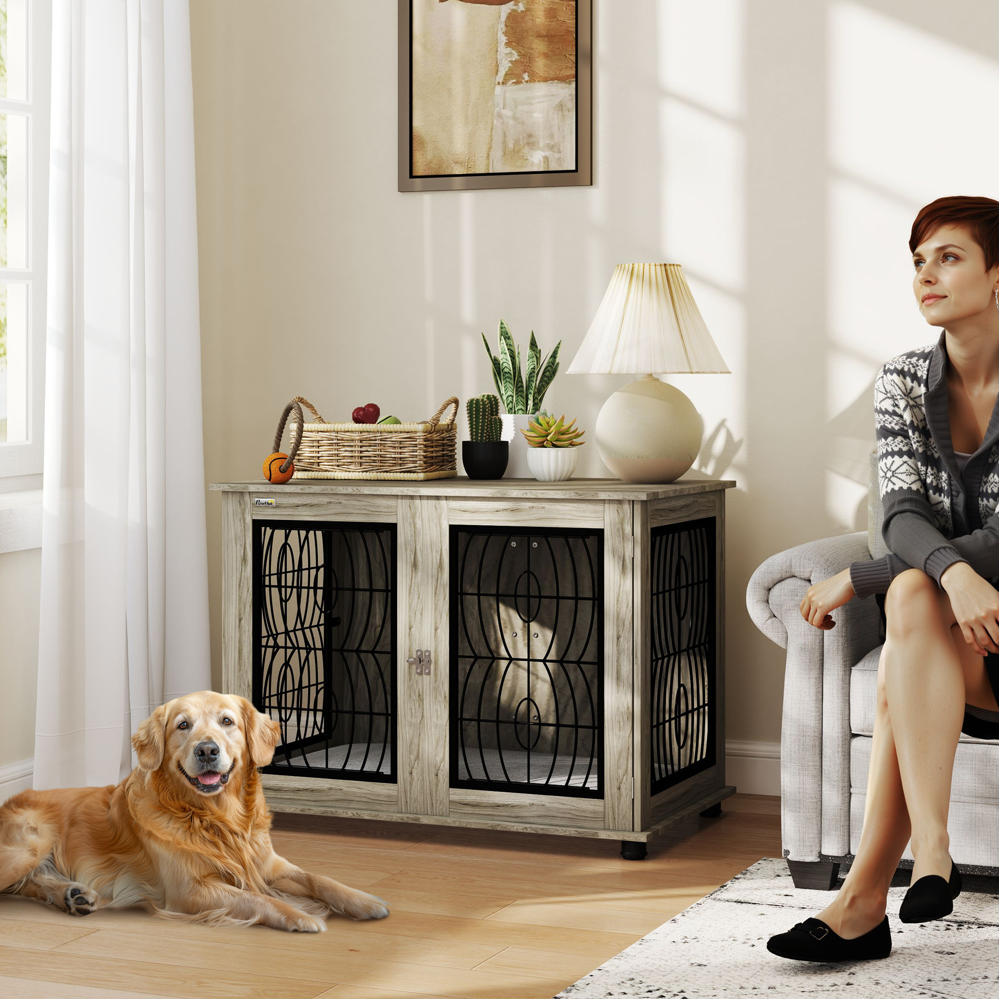 Indoor Dog Crate Furniture End Table With Soft Washable Cushion,Lockable Front Door,for Large Dogs-Grey detail photo 10