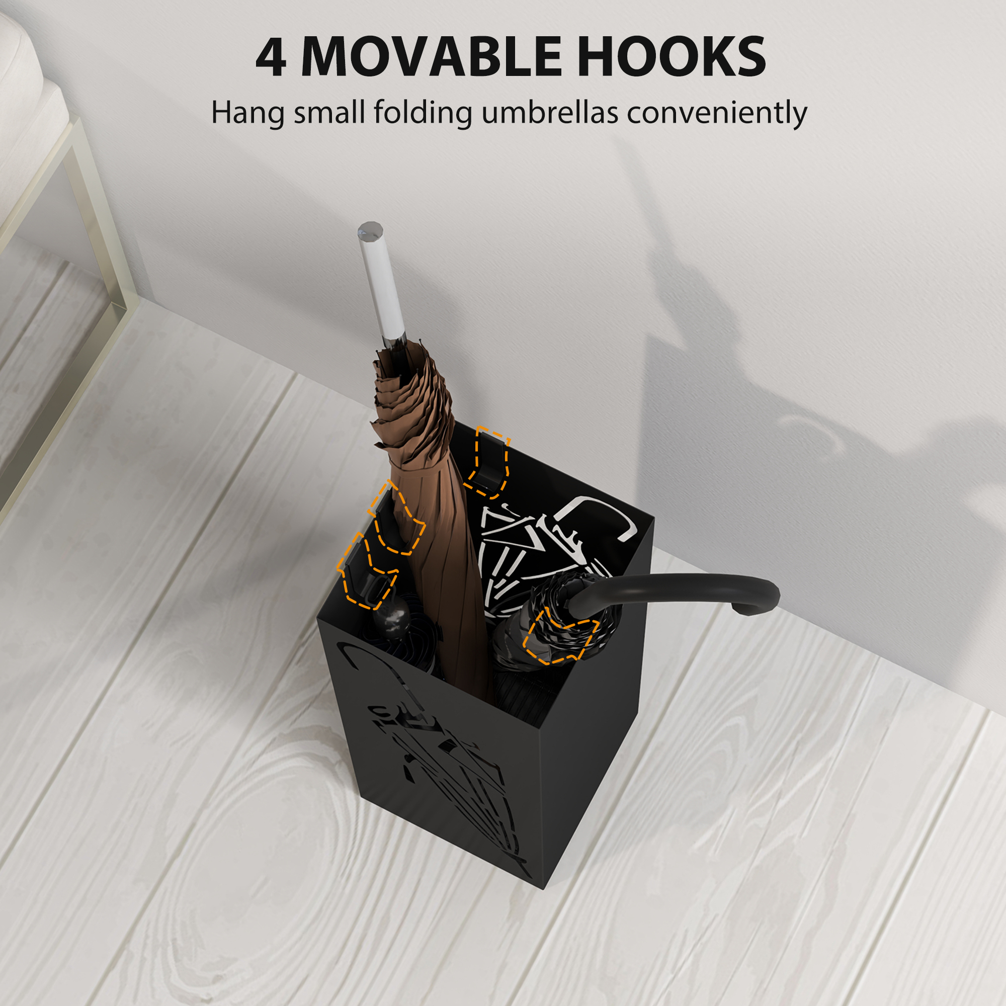 Metal Umbrella Stand,Square Holder With 4 Hooks And Removable Drip — image 5